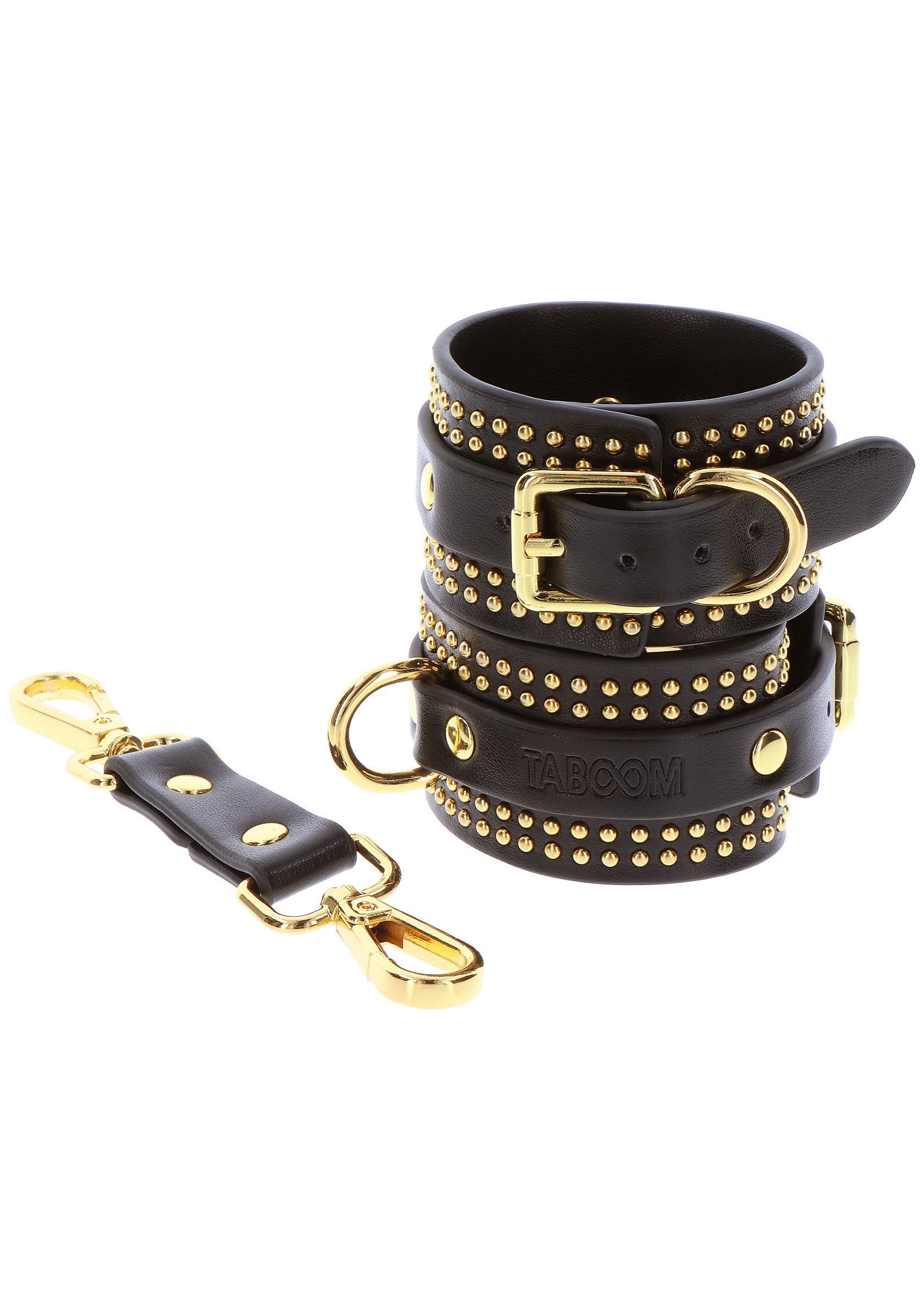 Ensemble Taboom en cuir noir clouté or : manchette et porte-clés assorti. Accessoires de mode élégants et audacieux.; Taboom set van zwart leer met gouden studs: armband en bijpassende sleutelhanger. Stijlvolle en gedurfde modeaccessoires.; Taboom set of black leather with gold studs: cuff bracelet and matching keychain. Stylish and edgy fashion accessories.