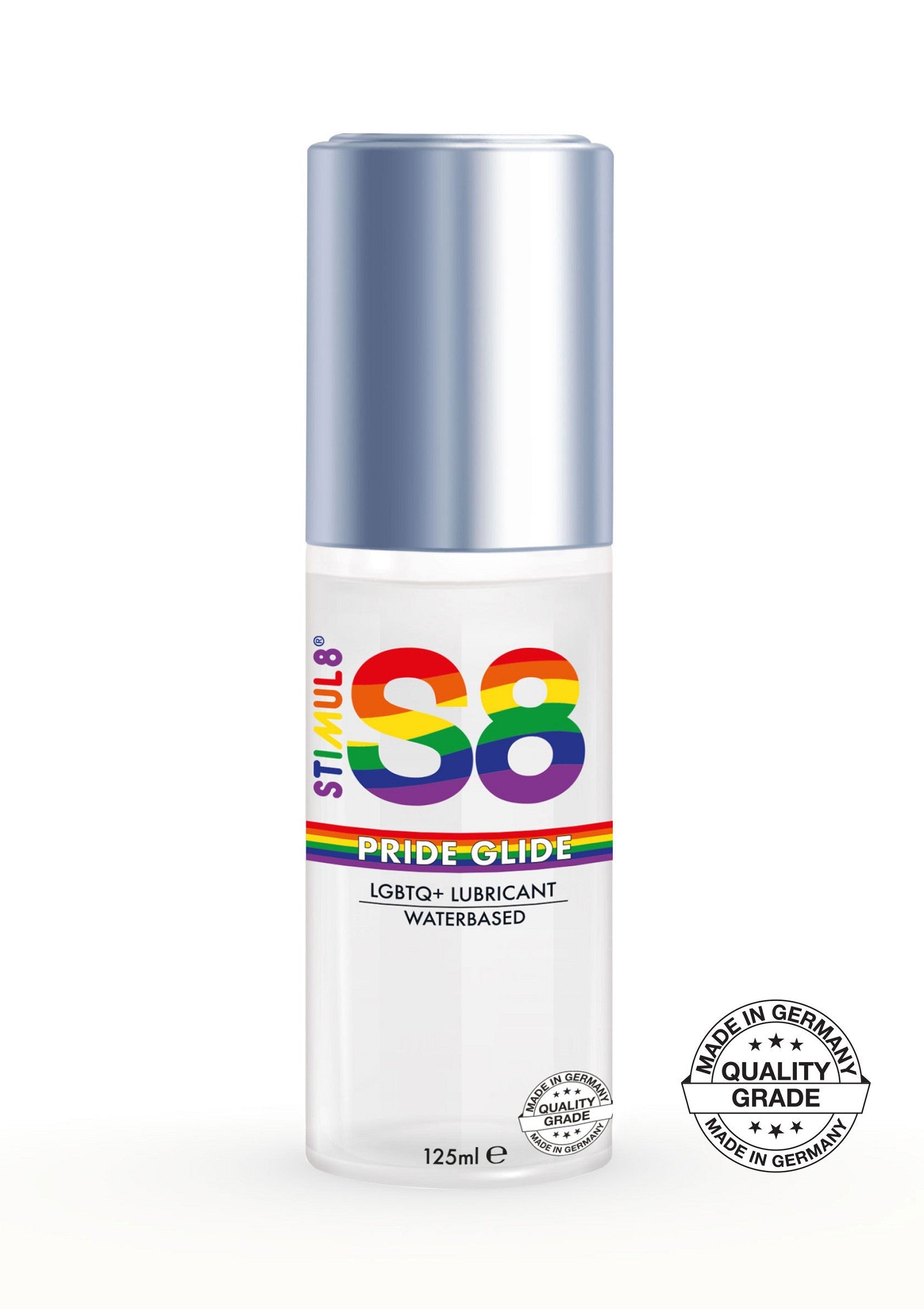 Lubrifiant à base d'eau LGBTQ+ S8 Pride Glide. Fabriqué en Allemagne pour une qualité supérieure.; S8 Pride Glide LGBTQ+ glijmiddel op waterbasis. Gemaakt in Duitsland voor topkwaliteit.; S8 Pride Glide LGBTQ+ water-based lubricant. Made in Germany for top quality.