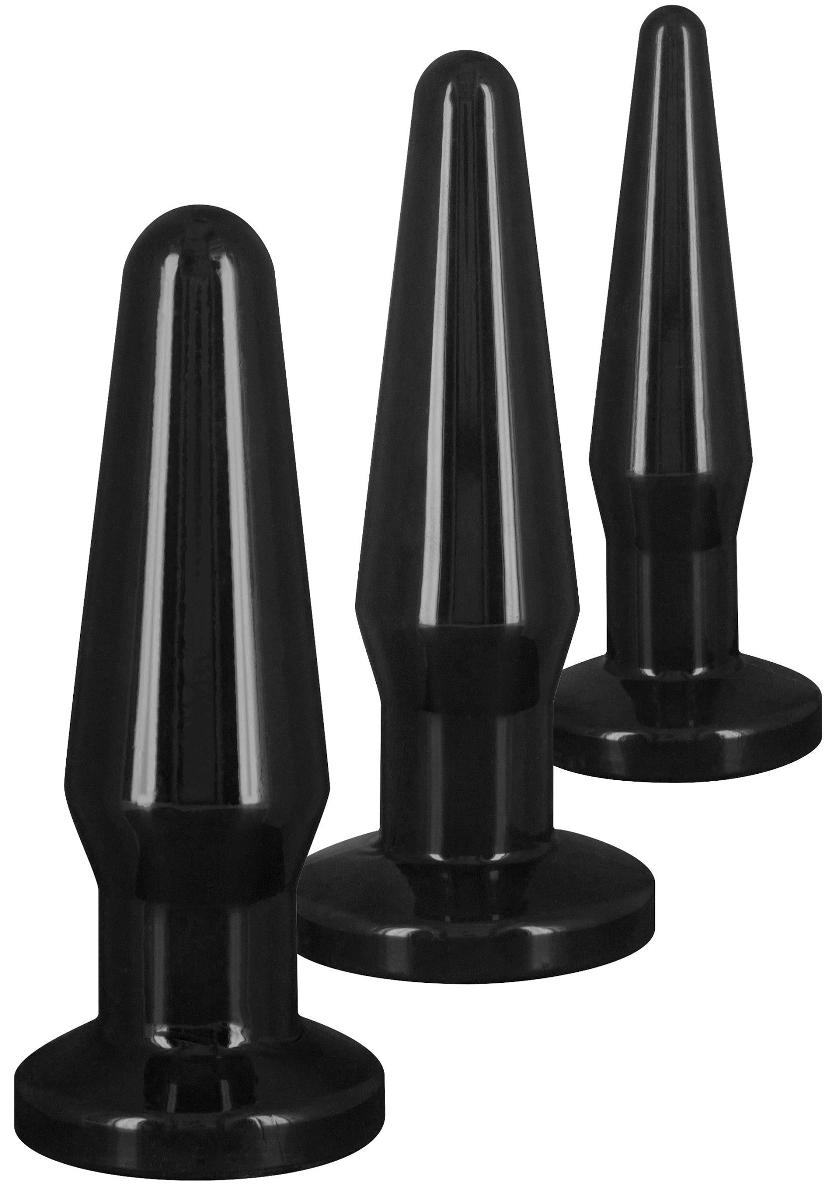 Ensemble de 3 plugs anaux noirs de différentes tailles pour une exploration graduelle.; Set van 3 zwarte buttplugs in verschillende maten voor geleidelijke exploratie.; Set of 3 black butt plugs in varying sizes for gradual exploration.