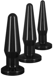 Ensemble de 3 plugs anaux noirs de différentes tailles pour une exploration graduelle.; Set van 3 zwarte buttplugs in verschillende maten voor geleidelijke exploratie.; Set of 3 black butt plugs in varying sizes for gradual exploration.