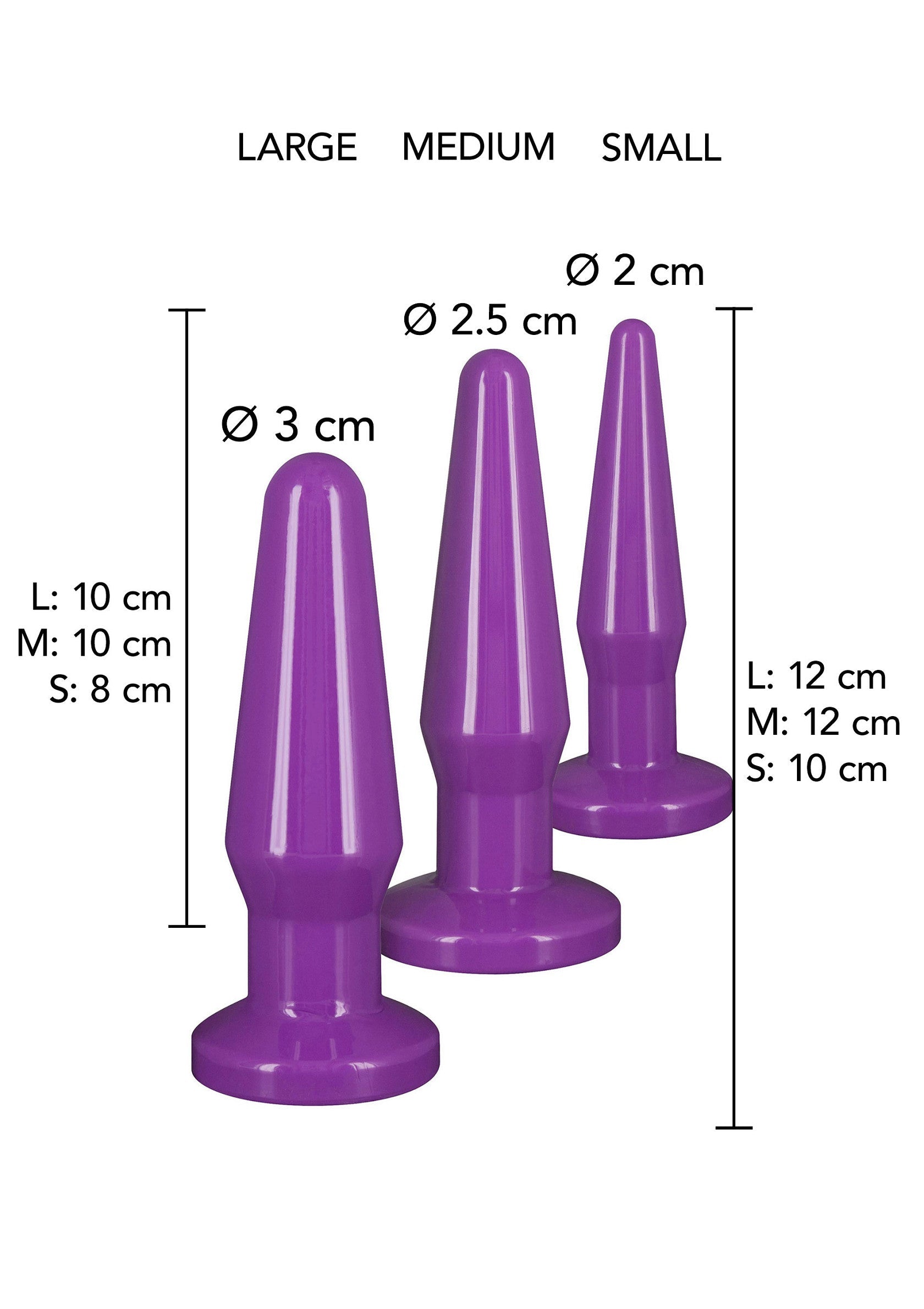 Plug anal violet en 3 tailles: petit, moyen et grand. Découvrez le plaisir avec ce jouet érotique pour adultes !; Paarse anale plug in 3 maten: klein, middel en groot. Ontdek het plezier met dit erotische speeltje voor volwassenen!; Purple anal plug in 3 sizes: small, medium, and large. Discover the pleasure with this adult erotic toy!