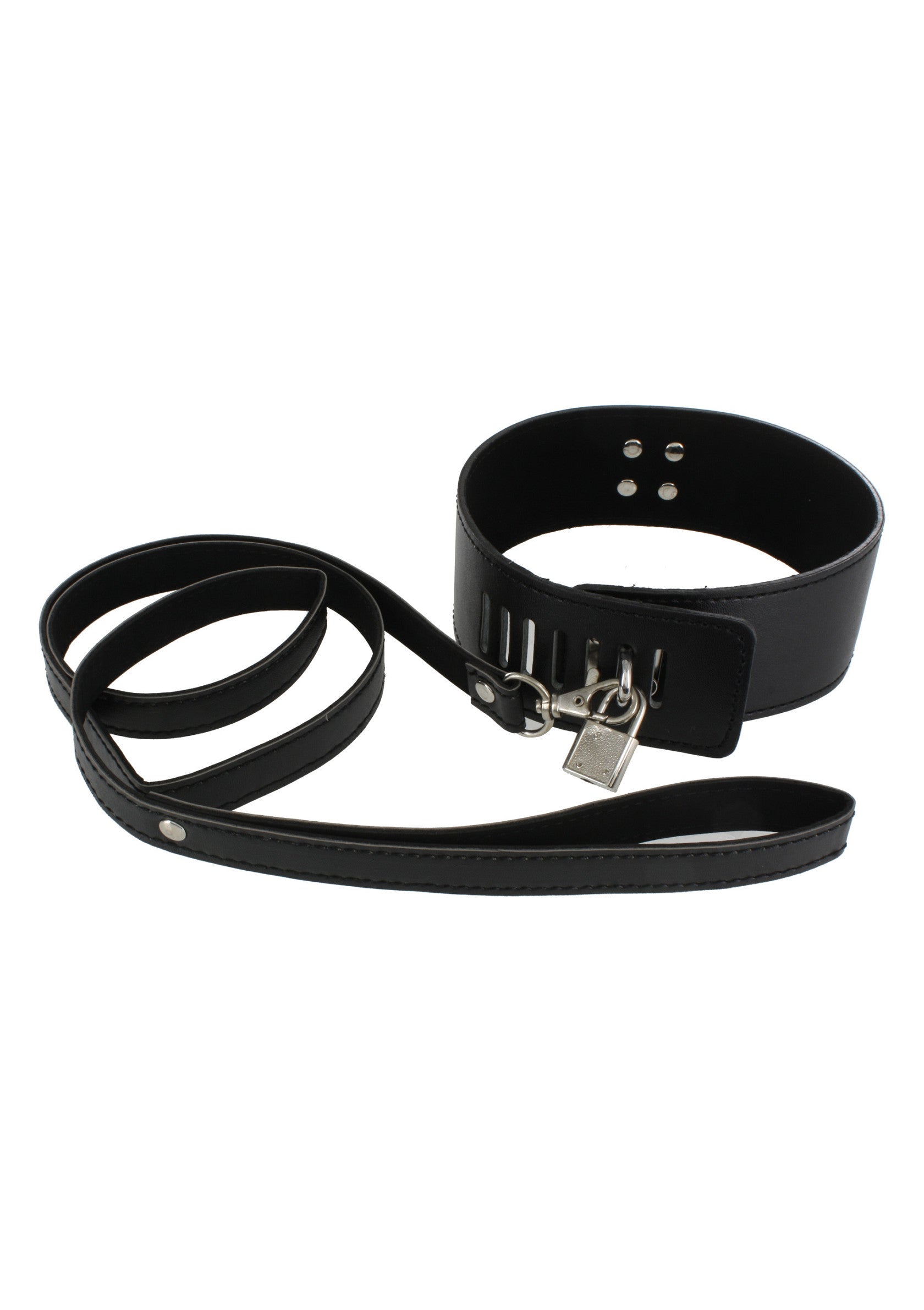 Collier et laisse en cuir noir avec cadenas, pour jeux de rôle et fétichisme.; Zwart lederen halsband en riem met slot, voor rollenspel en fetisj.; Black leather collar and leash with padlock, for roleplay and fetish.