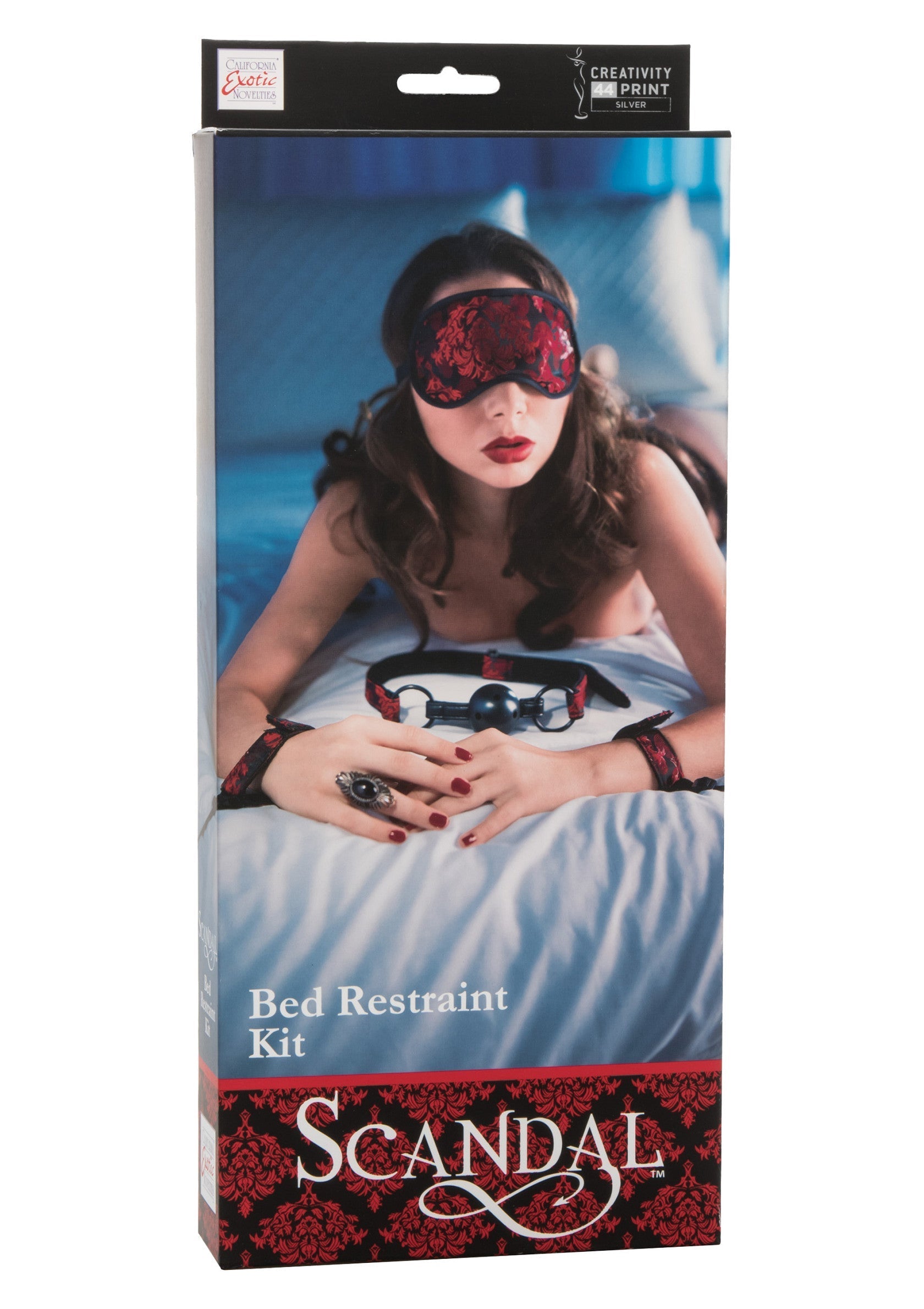 Kit de contrainte de lit 'Scandal'. Masque pour les yeux, bâillon et menottes pour pimenter votre vie amoureuse.; 'Scandal' Bed Restraint Kit. Oogmasker, knevel en handboeien om je liefdesleven op te fleuren.; 'Scandal' Bed Restraint Kit. Eye mask, gag and handcuffs to spice up your love life.