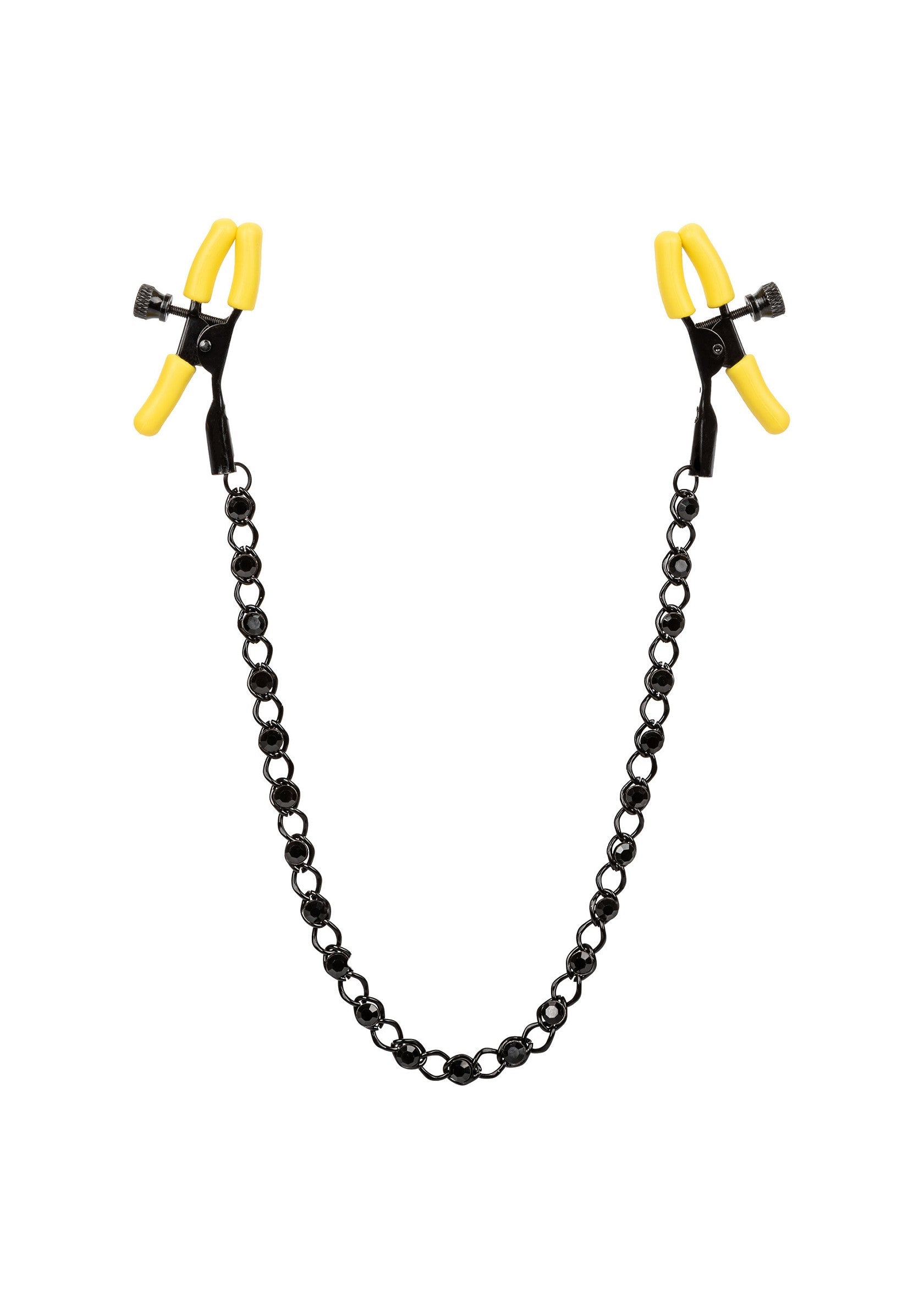 Pinces à tétons avec chaîne, pour un plaisir intense garanti. Explorez vos limites !; Nippelklemmen met ketting voor intense prikkeling. Verken je grenzen!; Nipple clamps with chain for intense stimulation. Explore your limits!