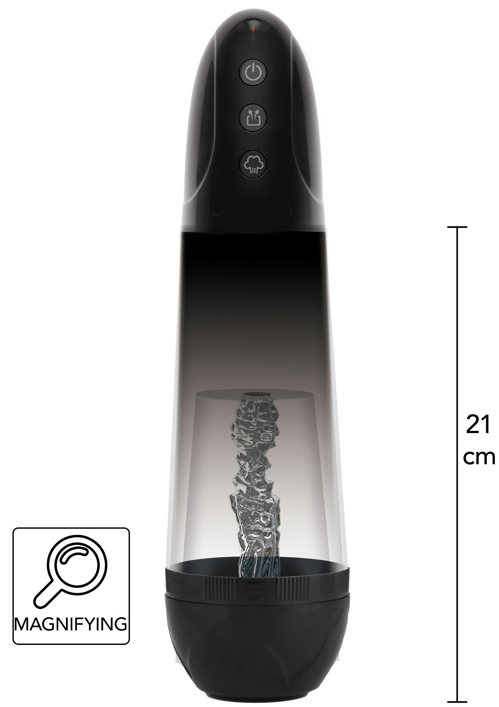 Manchon masturbatoire noir de 21 cm pour une expérience intense et personnalisée.; Zwarte masturbator sleeve van 21 cm voor een intense, persoonlijke ervaring.; 21 cm black masturbator sleeve for an intense, personalized experience.