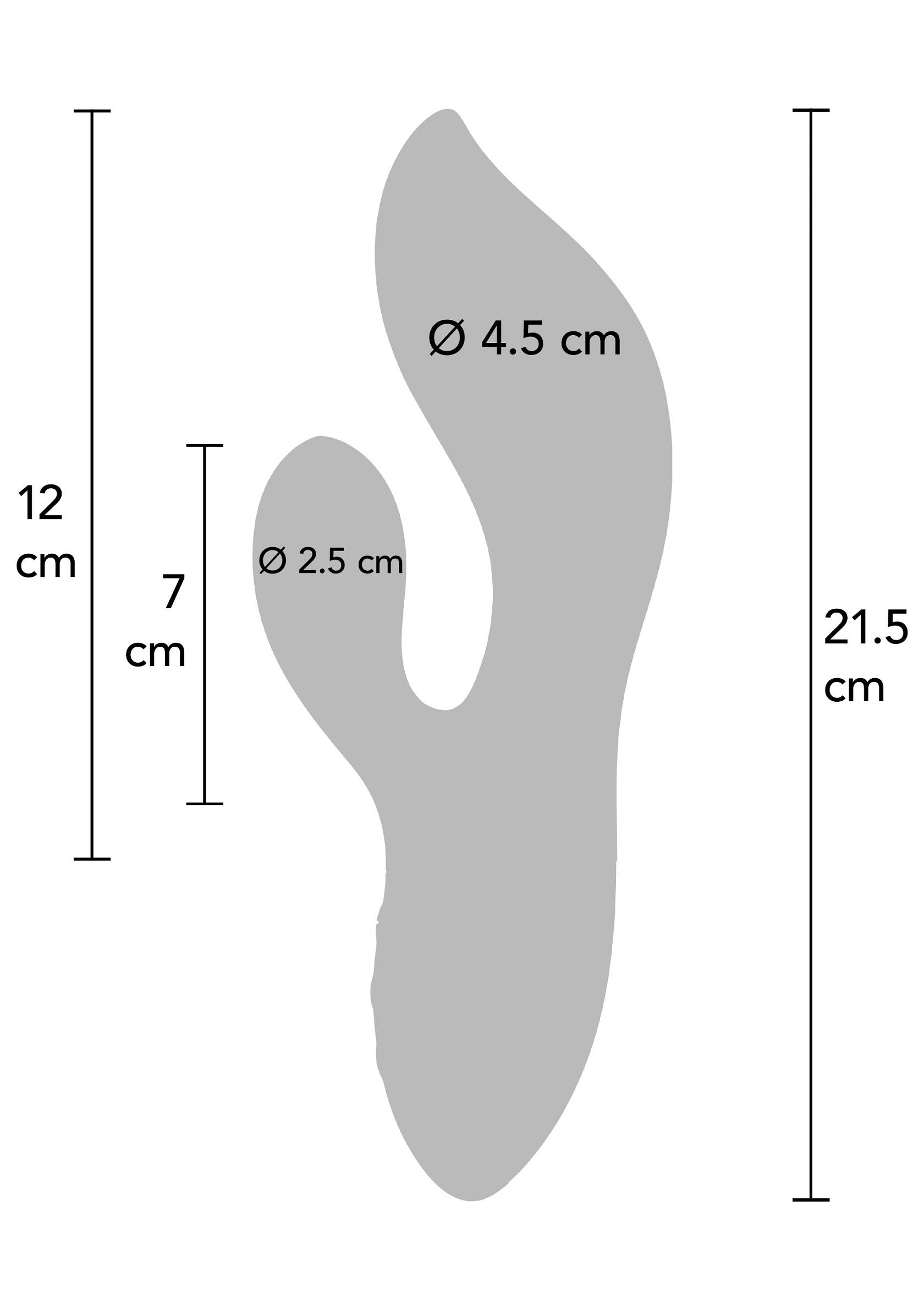 Schéma des dimensions d'un sextoy vibrant pour femme, longueur 21,5 cm et largeur max 4,5 cm.; Afmetingen schema van een vibrerende seksspeeltje voor dames, lengte 21,5 cm en max. breedte 4,5 cm.; Dimensions scheme of a vibrating sex toy for women, length 21.5 cm and max. width 4.5 cm.