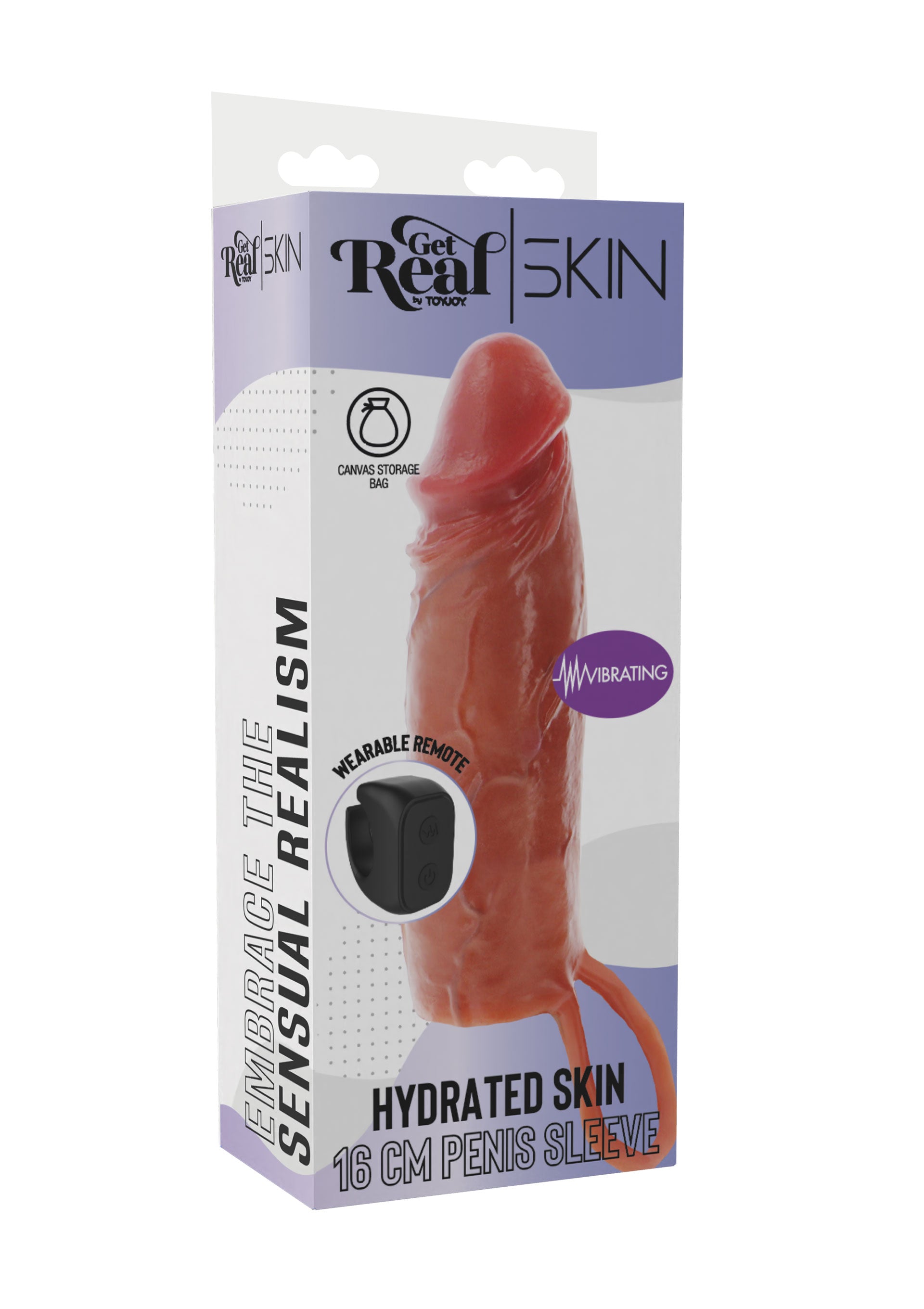 Manchon pénien vibrant RealSkin de 16 cm pour une expérience réaliste et sensuelle.; RealSkin 16cm vibrerende peniskoker voor een realistische en sensuele ervaring.; RealSkin 16cm vibrating penis sleeve for a realistic and sensual experience.