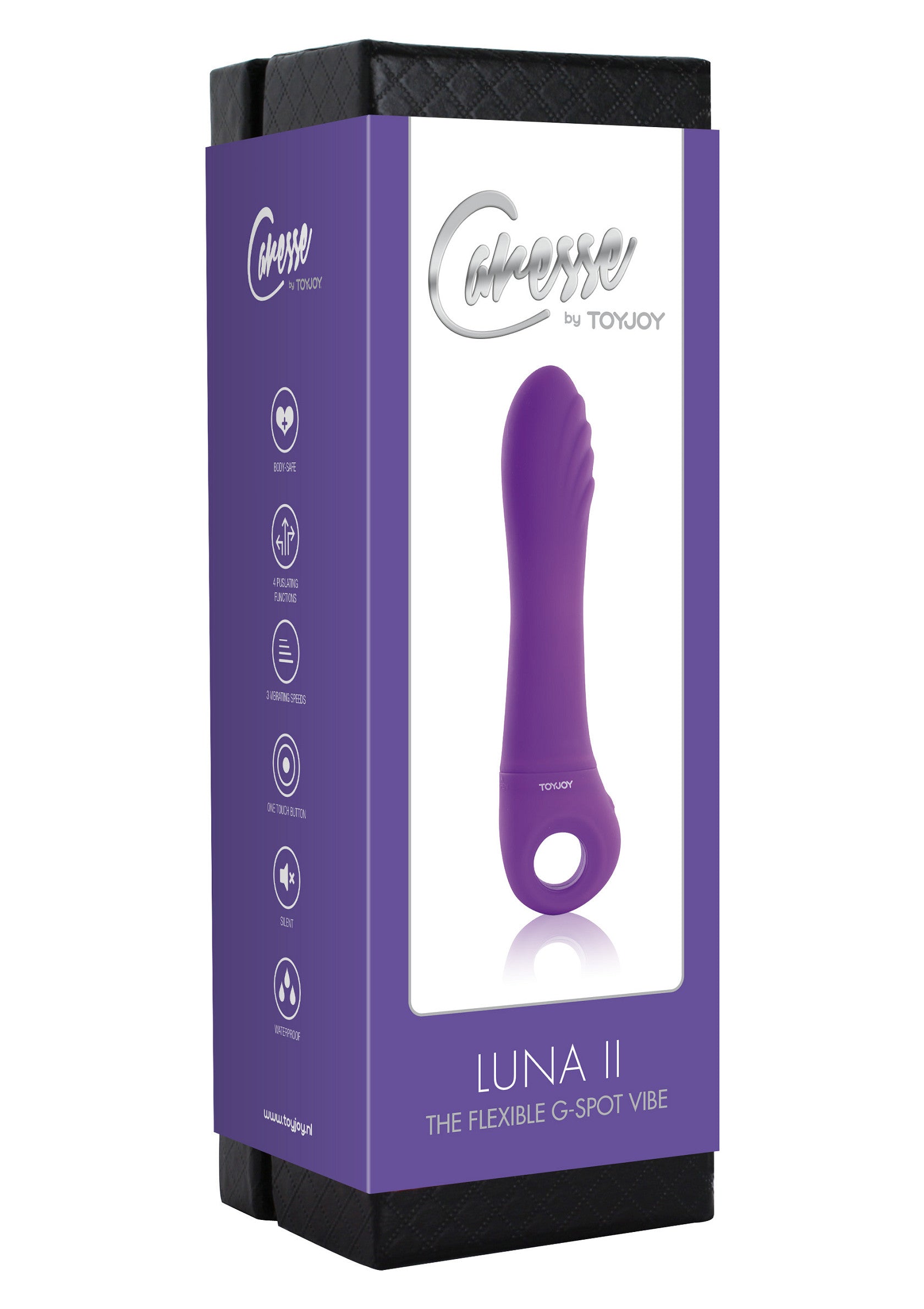 ToyJoy Caresse Luna II vibromasseur flexible pour le point G. Plaisir intense garanti! Découvrez le plaisir ultime dès aujourd'hui!; ToyJoy Caresse Luna II flexibele G-spot vibrator. Gegarandeerd intens genot! Ontdek vandaag nog ultiem plezier!; ToyJoy Caresse Luna II flexible G-spot vibrator. Guaranteed intense pleasure! Discover ultimate pleasure today!