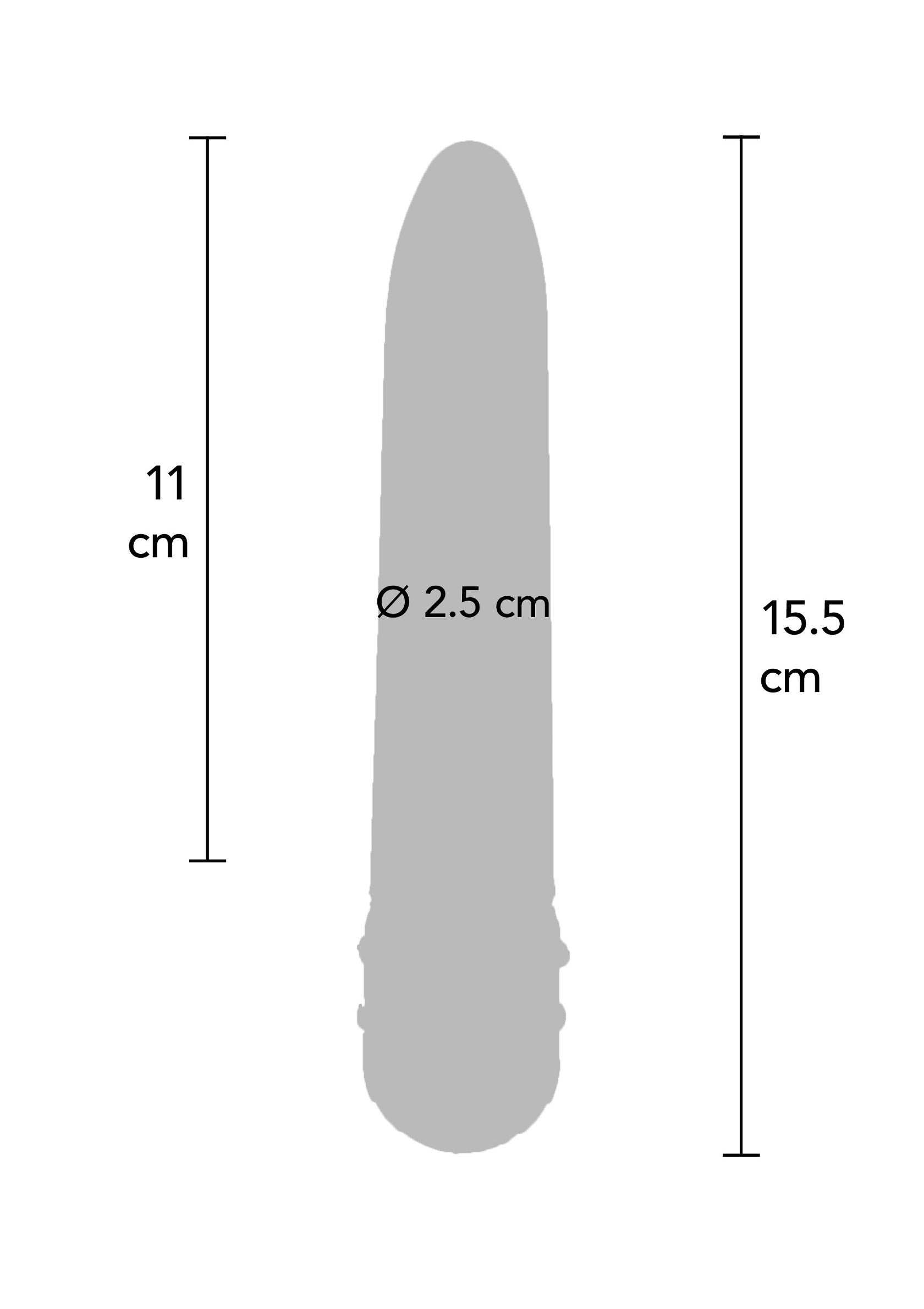 Schéma produit: gode simple, diamètre 2.5 cm, longueur 15.5 cm, zone insérable 11 cm. Parfait pour le plaisir solitaire.; Productdiagram: eenvoudige dildo, diameter 2,5 cm, lengte 15,5 cm, inbrengbaar gebied 11 cm. Perfect voor solo plezier.; Product diagram: simple dildo, 2.5 cm diameter, 15.5 cm length, 11 cm insertable area. Perfect for solo pleasure.
