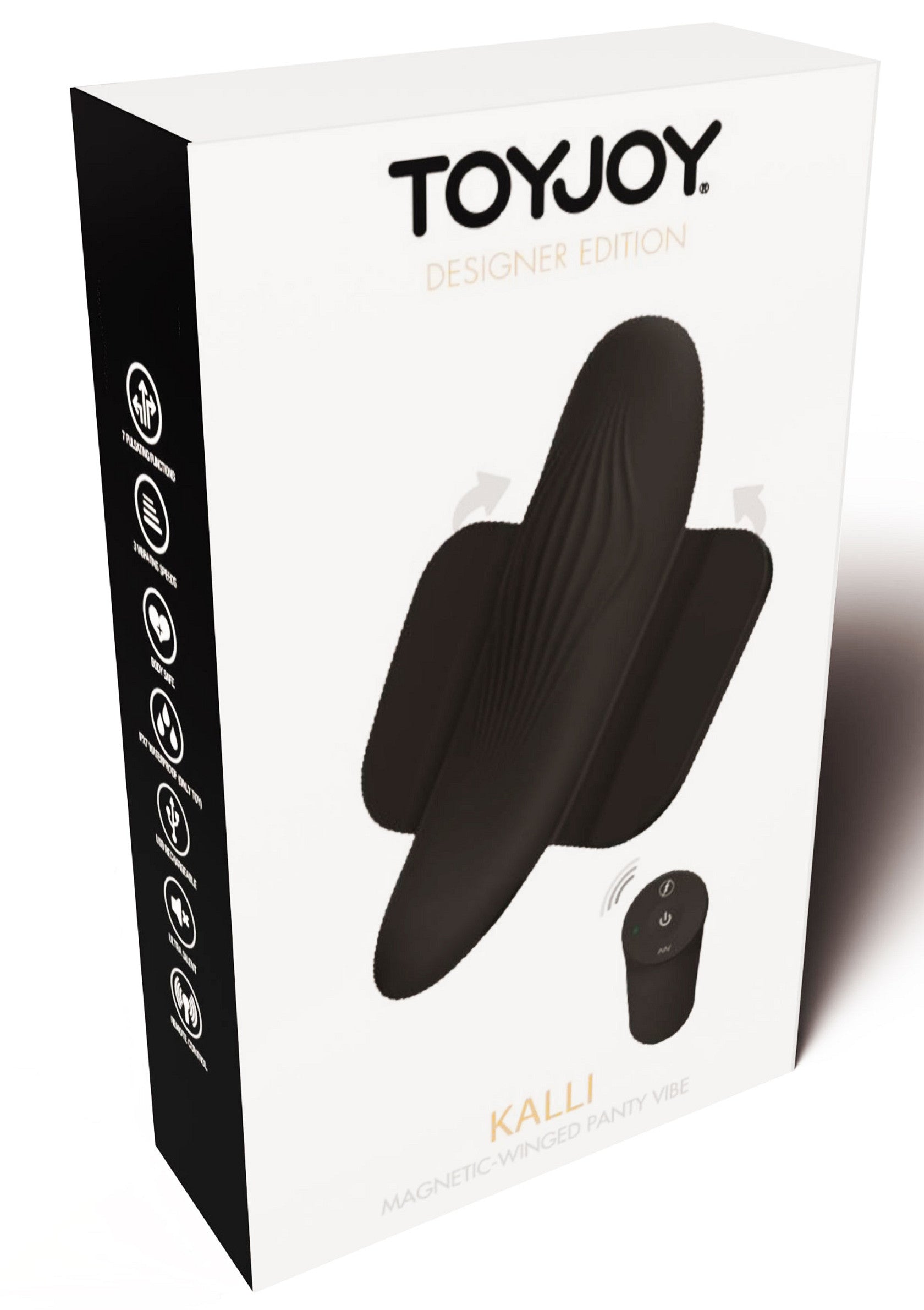 ToyJoy Kalli Designer Edition, vibromasseur magnétique à ailes pour culotte. Plaisir discret et mains libres !; ToyJoy Kalli Designer Edition, magnetische string vibrator. Discreet en handsfree plezier!; ToyJoy Kalli Designer Edition magnetic winged panty vibe. Discreet, hands-free fun!