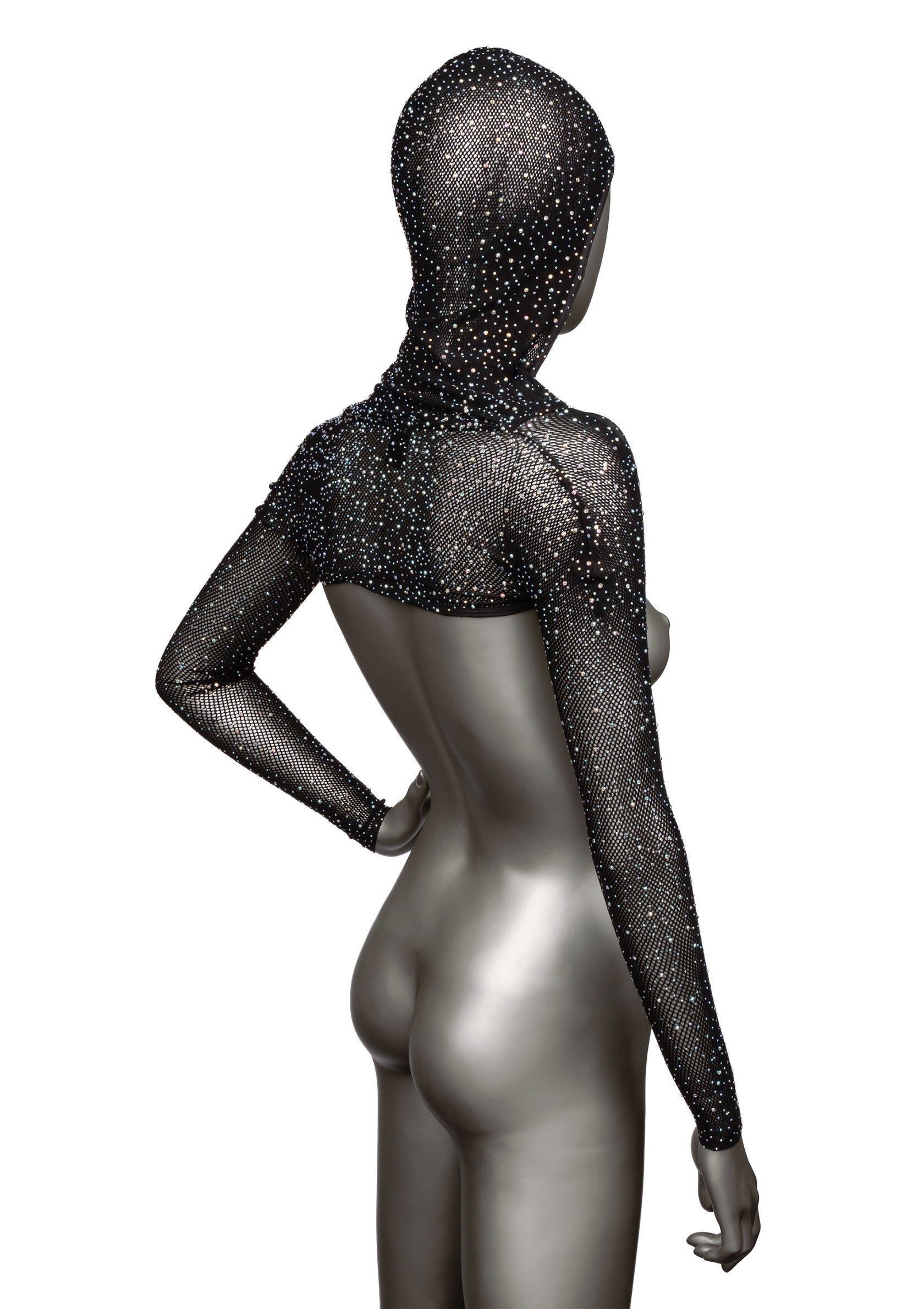 Cagoule et boléro à manches longues en résille noire scintillante pour une allure audacieuse et élégante.; Glitterende zwarte mesh balaclava en bolero met lange mouwen voor een gedurfde en elegante look.; Sparkling black mesh balaclava and long sleeve bolero for a bold and elegant look.