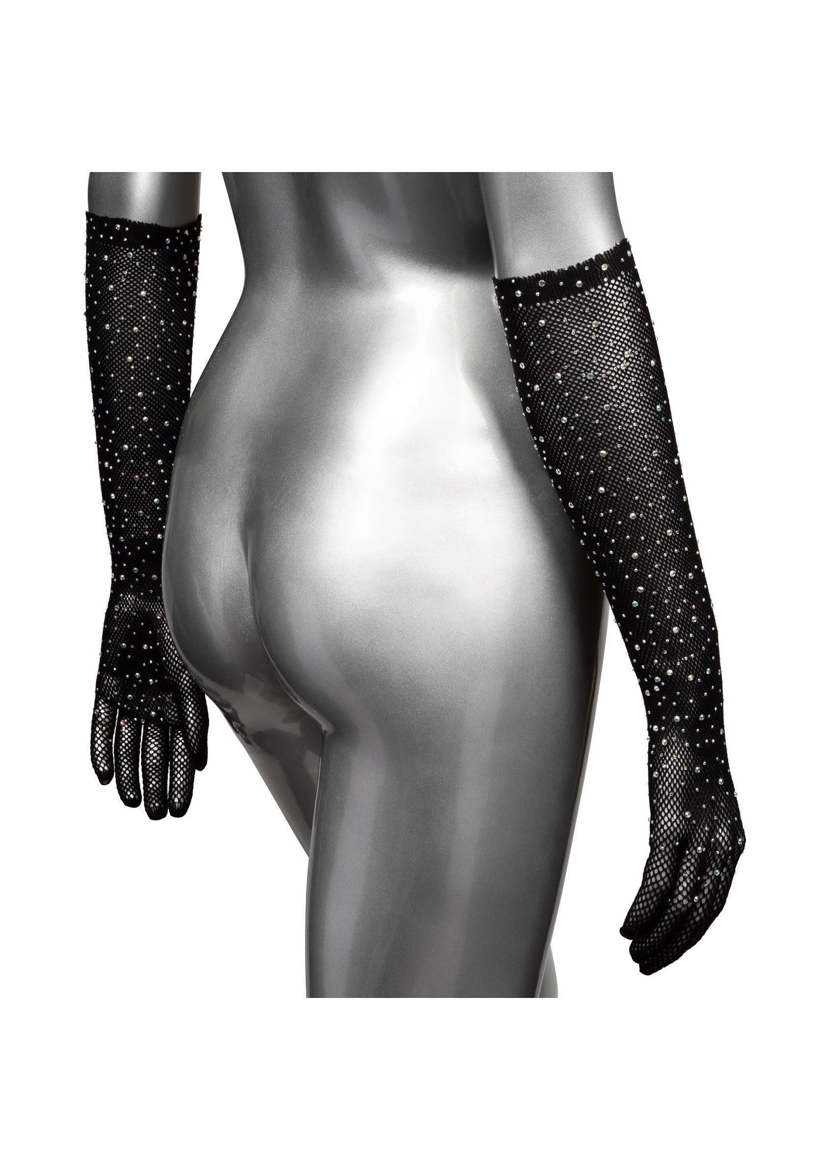 Gants longs en résille noire ornés de strass, parfaits pour une soirée élégante.; Lange zwarte mesh handschoenen versierd met strass steentjes, perfect voor een elegant avondje uit.; Long black mesh gloves adorned with rhinestones, perfect for an elegant evening out.