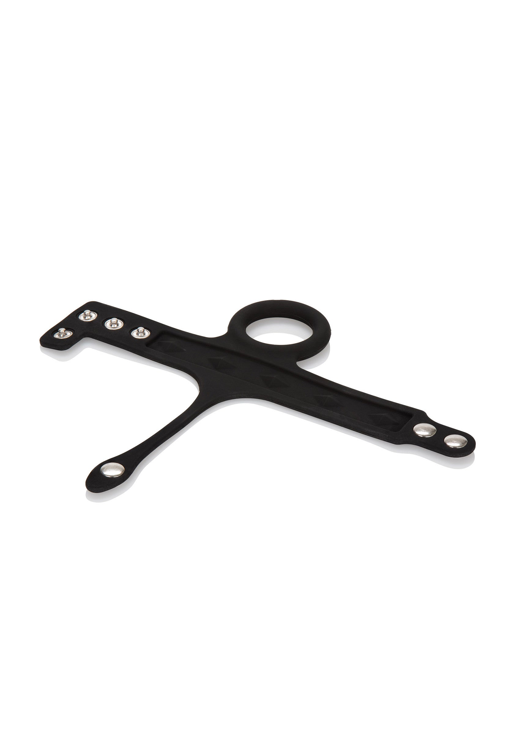 Harnais en silicone noir avec anneau et boutons pression pour plus de confort et de maintien.; Zwart siliconen harnas met ring en drukknopen voor comfort en steun.; Black silicone harness with ring and snap closures for comfort and support.