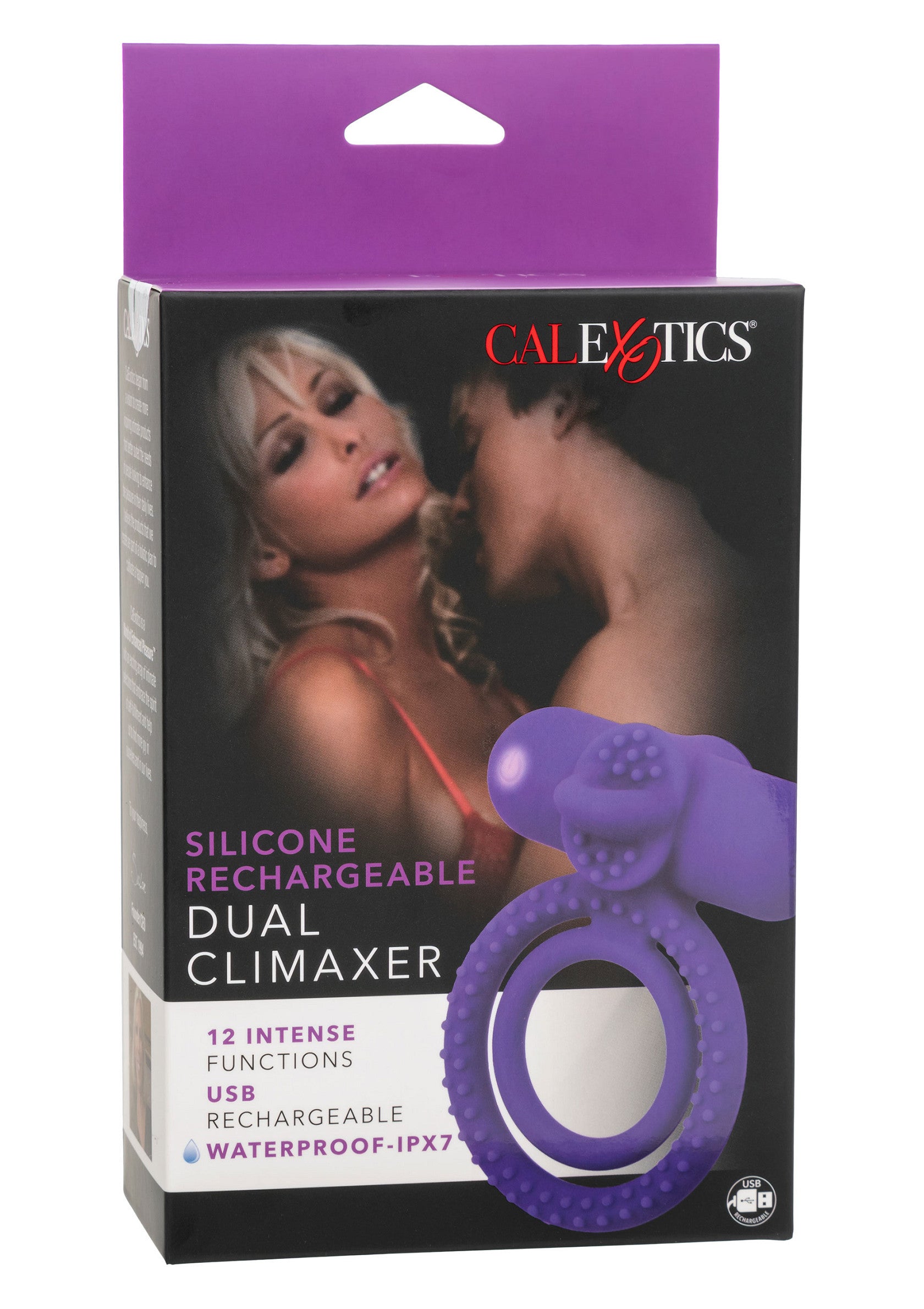 Calexotics Silicone Rechargeable Dual Climaxer pour un plaisir intense et partagé. 12 fonctions, USB rechargeable et étanche.; Calexotics Silicone Oplaadbare Dual Climaxer voor intens, gedeeld plezier. 12 functies, USB oplaadbaar en waterdicht.; Calexotics Silicone Rechargeable Dual Climaxer for intense, shared pleasure. 12 functions, USB rechargeable & waterproof.