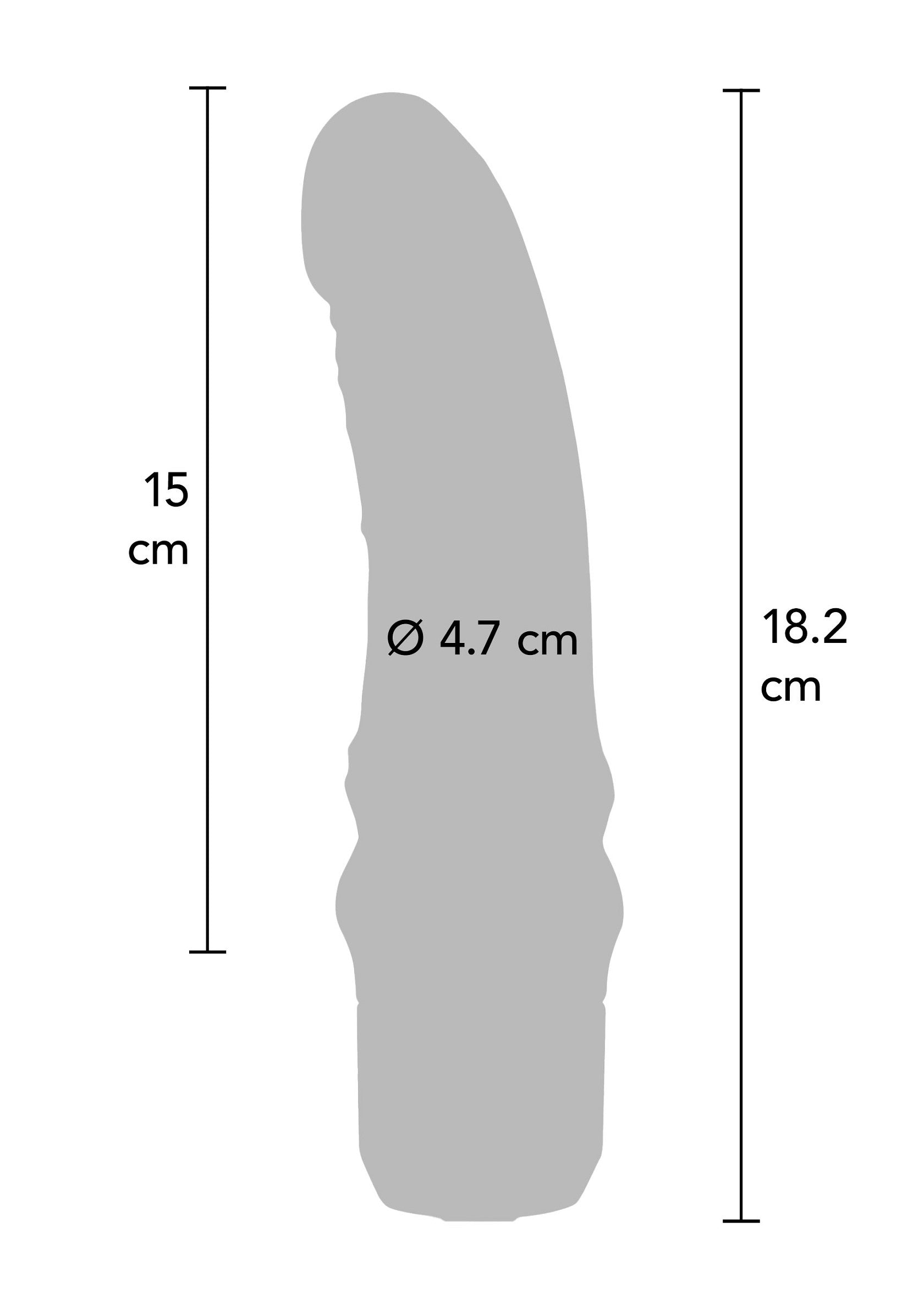 Diagramme de taille de sextoy avec des dimensions. Hauteur totale 18.2 cm, insertion 15cm, diamètre 4.7cm; Maatdiagram van seksspeeltje met afmetingen. Totale hoogte 18.2 cm, inbreng 15 cm, diameter 4.7 cm; Sex toy size diagram with dimensions. Total height 18.2 cm, insertable 15 cm, diameter 4.7 cm