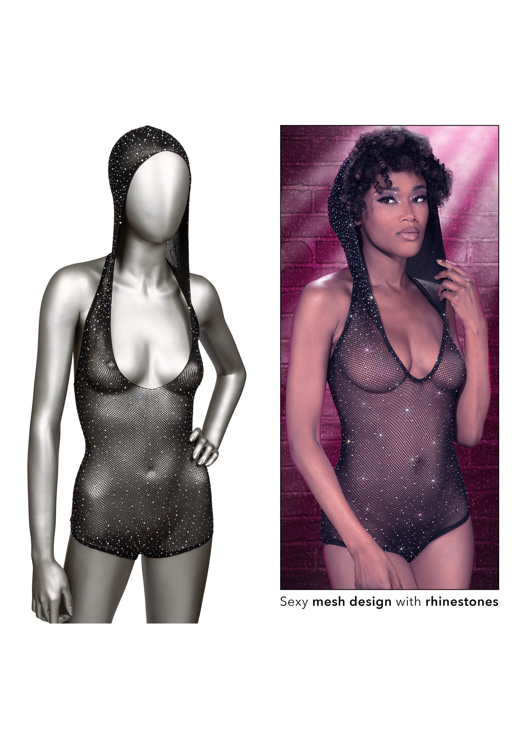 Body résille sexy avec capuche et strass étincelants, parfait pour une allure audacieuse et glamour.; Sexy mesh bodysuit met capuchon en sprankelende strass-steentjes, perfect voor een gedurfde en glamoureuze look.; Sexy mesh bodysuit with hood and sparkling rhinestones, perfect for a bold and glamorous look.