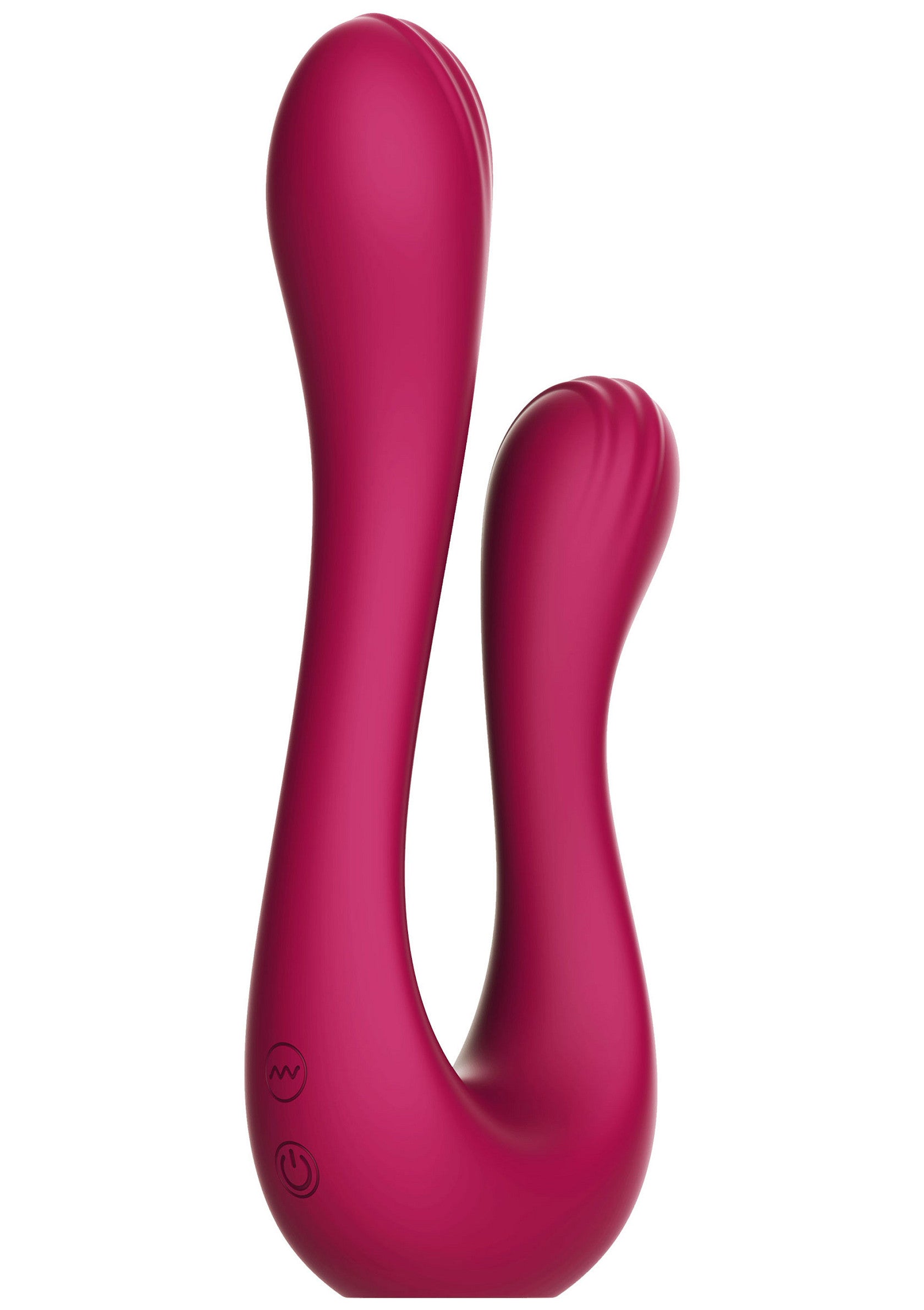Vibromasseur double en silicone rose framboise pour le plaisir féminin.; Framboosroze siliconen dubbele vibrator voor vrouwelijk plezier.; Raspberry pink silicone double vibrator for female pleasure.