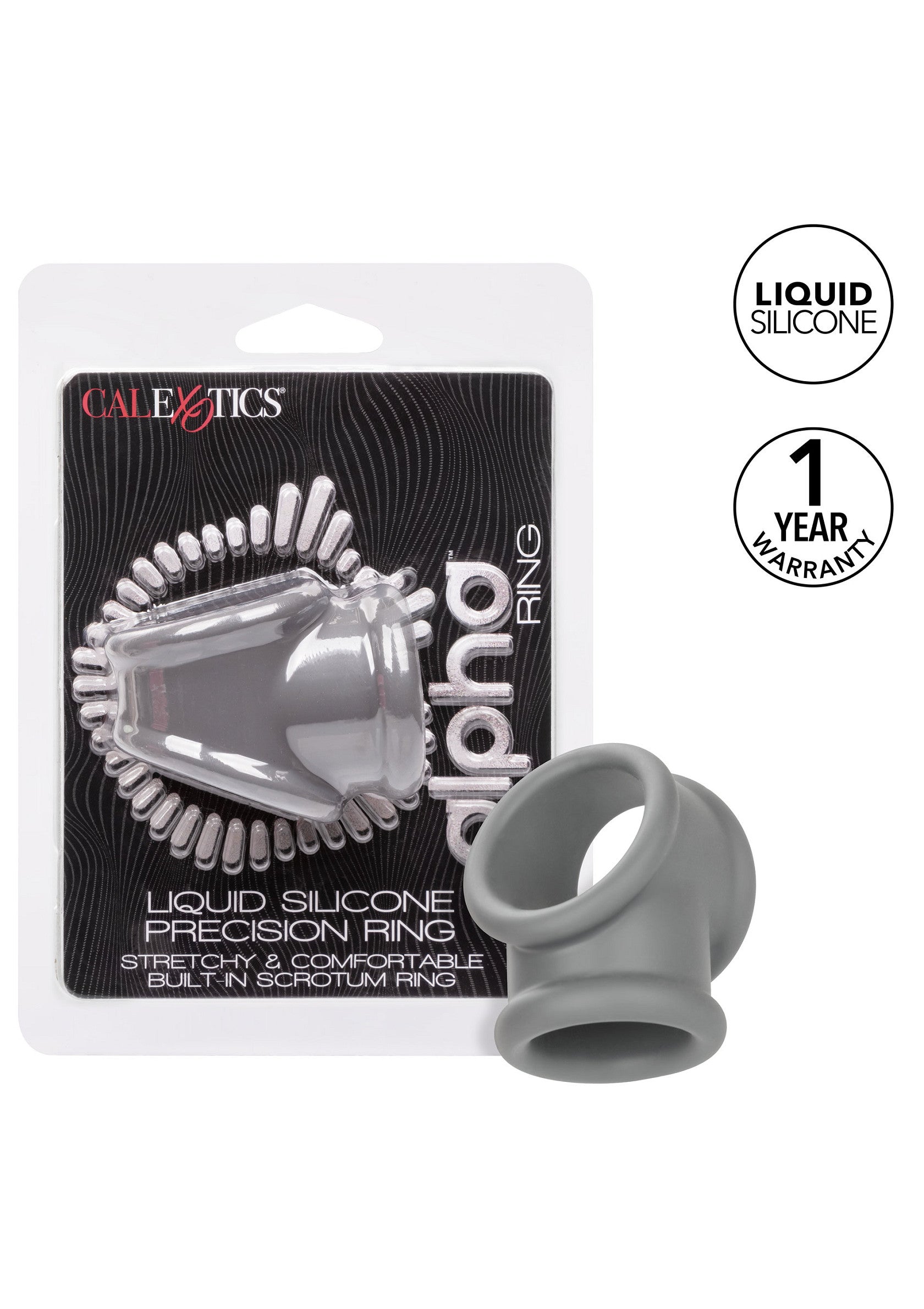 Anneau pénien CalExotics Alpha Ring en silicone liquide. Confortable et extensible.; CalExotics Alpha Ring penisring van vloeibare siliconen. Comfortabel en rekbaar.; CalExotics Alpha Ring liquid silicone cock ring. Stretchy and comfortable.