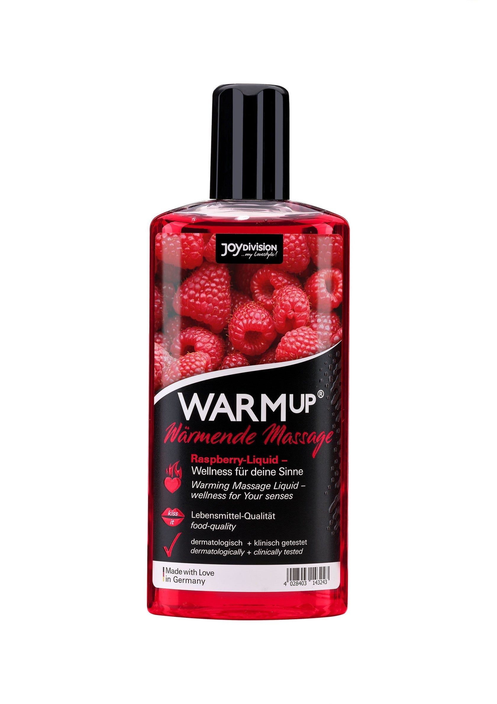 Huile de massage chauffante à la framboise Joydivision Warmup. Détendez-vous et profitez!; Joydivision Warmup framboos massage olie. Ontspan en geniet!; Joydivision Warmup raspberry massage oil. Relax and enjoy!
