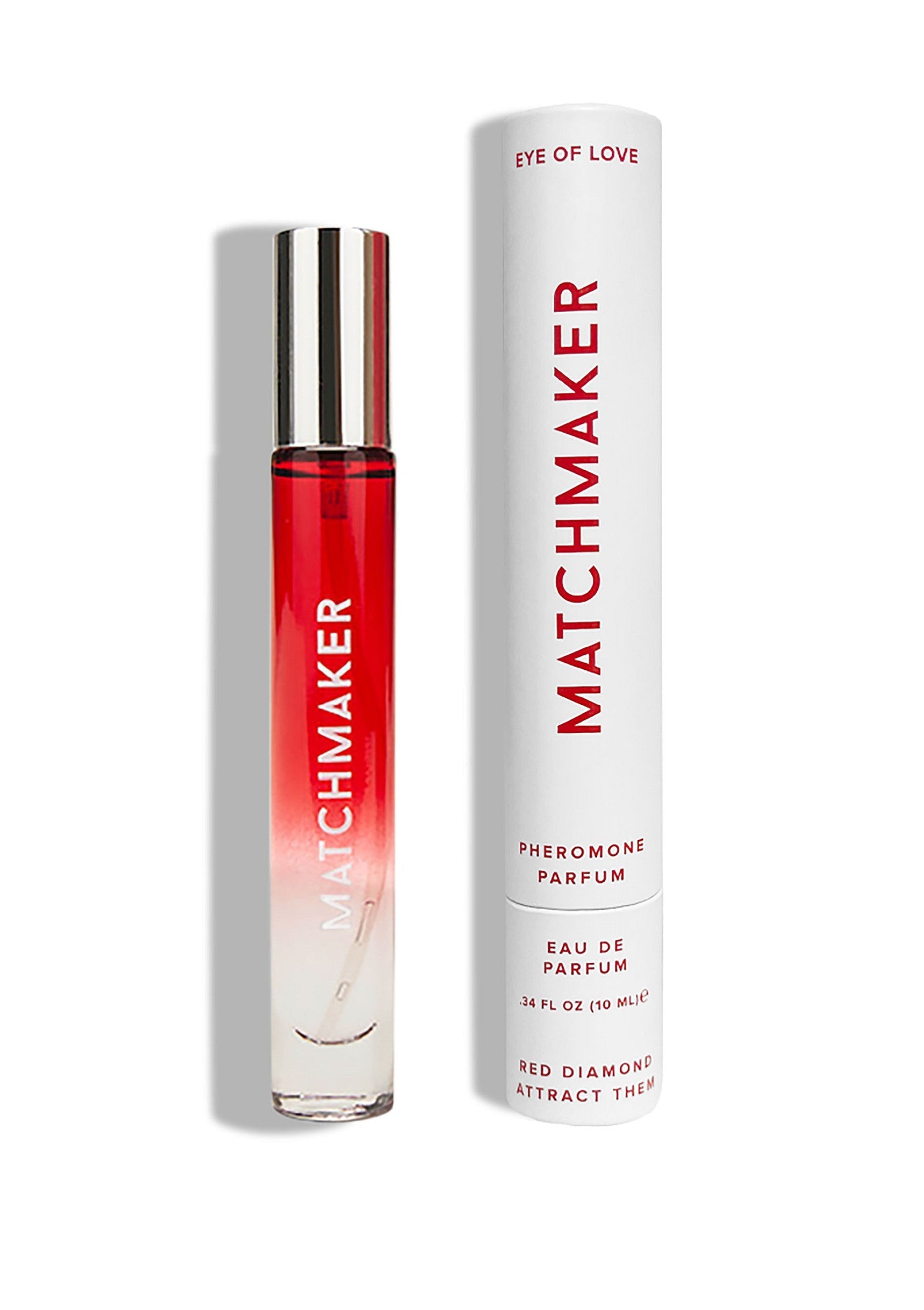 Parfum aux phéromones Matchmaker. Flacon et emballage élégants.; Matchmaker feromoonparfum. Stijlvolle flacon en verpakking.; Matchmaker pheromone perfume. Stylish bottle and packaging.