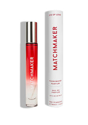 Parfum aux phéromones Matchmaker. Flacon et emballage élégants.; Matchmaker feromoonparfum. Stijlvolle flacon en verpakking.; Matchmaker pheromone perfume. Stylish bottle and packaging.