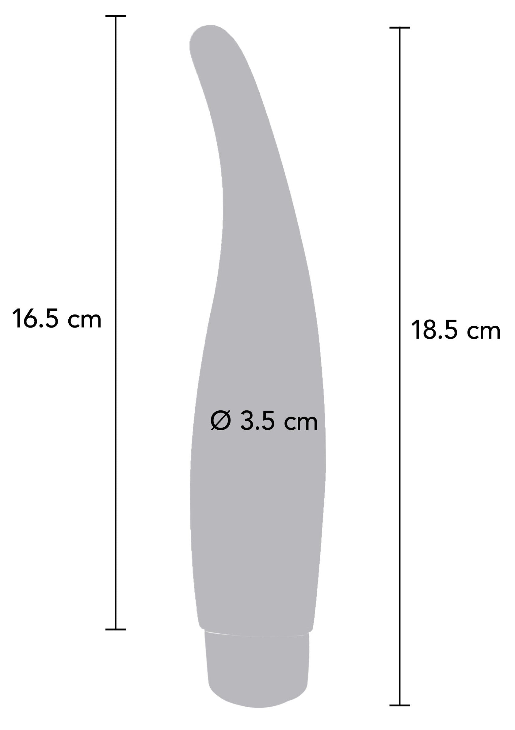 Dimensions détaillées d'un applicateur cosmétique. Longueur : 16.5 - 18.5 cm, diamètre : 3.5 cm. Parfait pour dosages précis.; Gedetailleerde afmetingen van een cosmetische applicator. Lengte: 16.5 - 18.5 cm, diameter: 3.5 cm. Ideaal voor nauwkeurige doseringen.; Detailed dimensions of a cosmetic applicator. Length: 16.5 - 18.5 cm, diameter: 3.5 cm. Ideal for precise dosing.