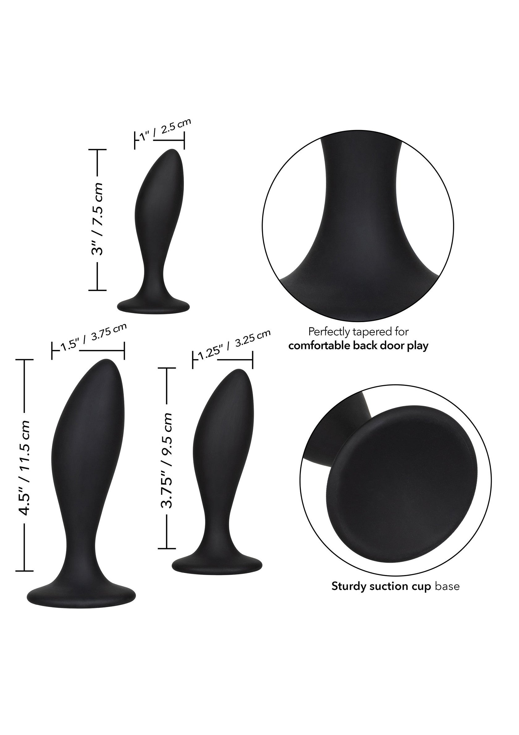 Ensemble de plugs anaux noirs de différentes tailles avec une base à ventouse robuste pour un jeu confortable.; Zwarte buttplugset in verschillende maten met stevige zuignapbasis voor comfortabel spel.; Black butt plug set in various sizes with sturdy suction cup base for comfortable play.