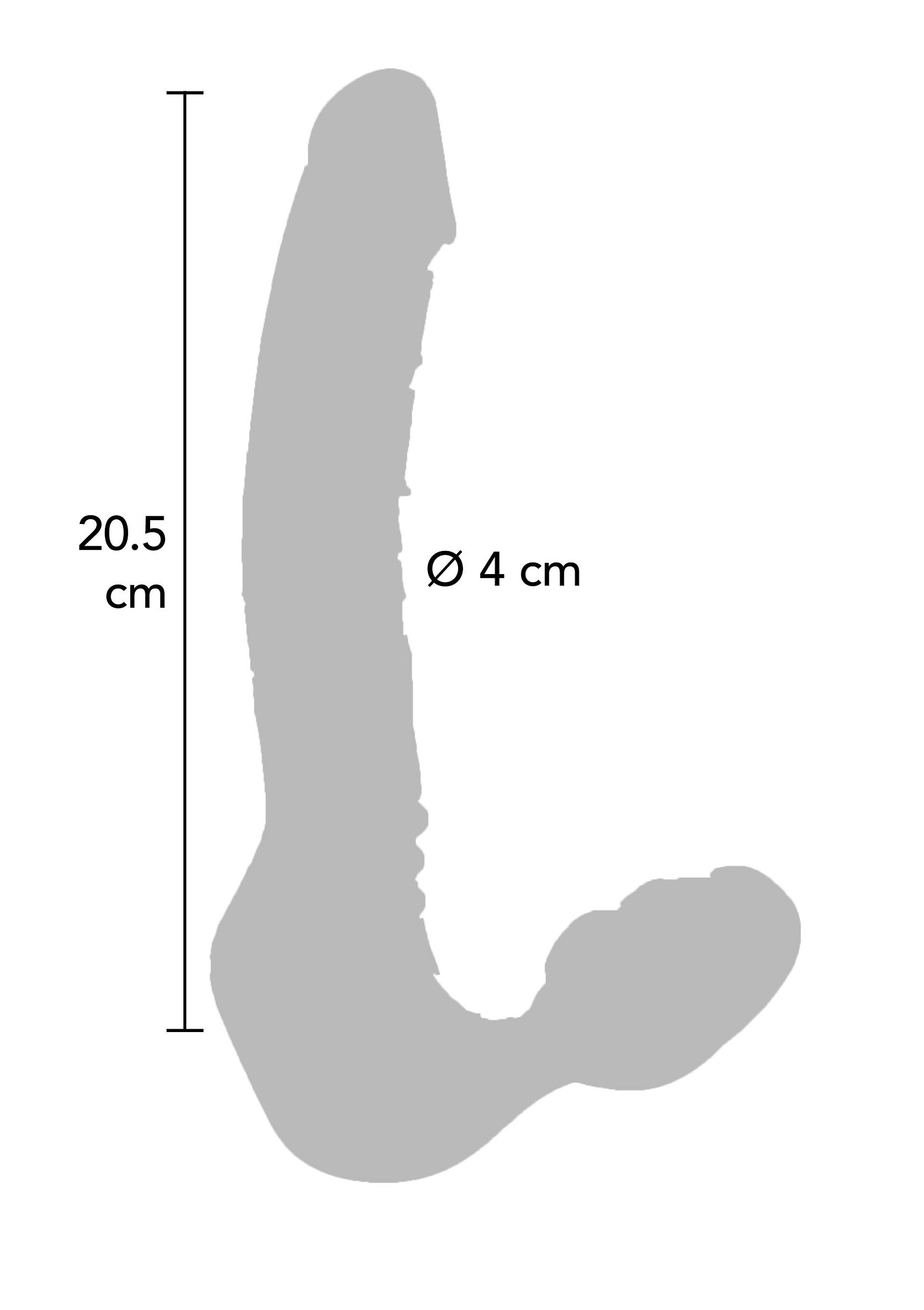 Détail des dimensions d'un gode en silicone, longueur 20,5 cm, diamètre 4 cm.; Afmetingen van een siliconen dildo, lengte 20,5 cm, diameter 4 cm.; Silicone dildo dimensions, length 20.5 cm, diameter 4 cm.