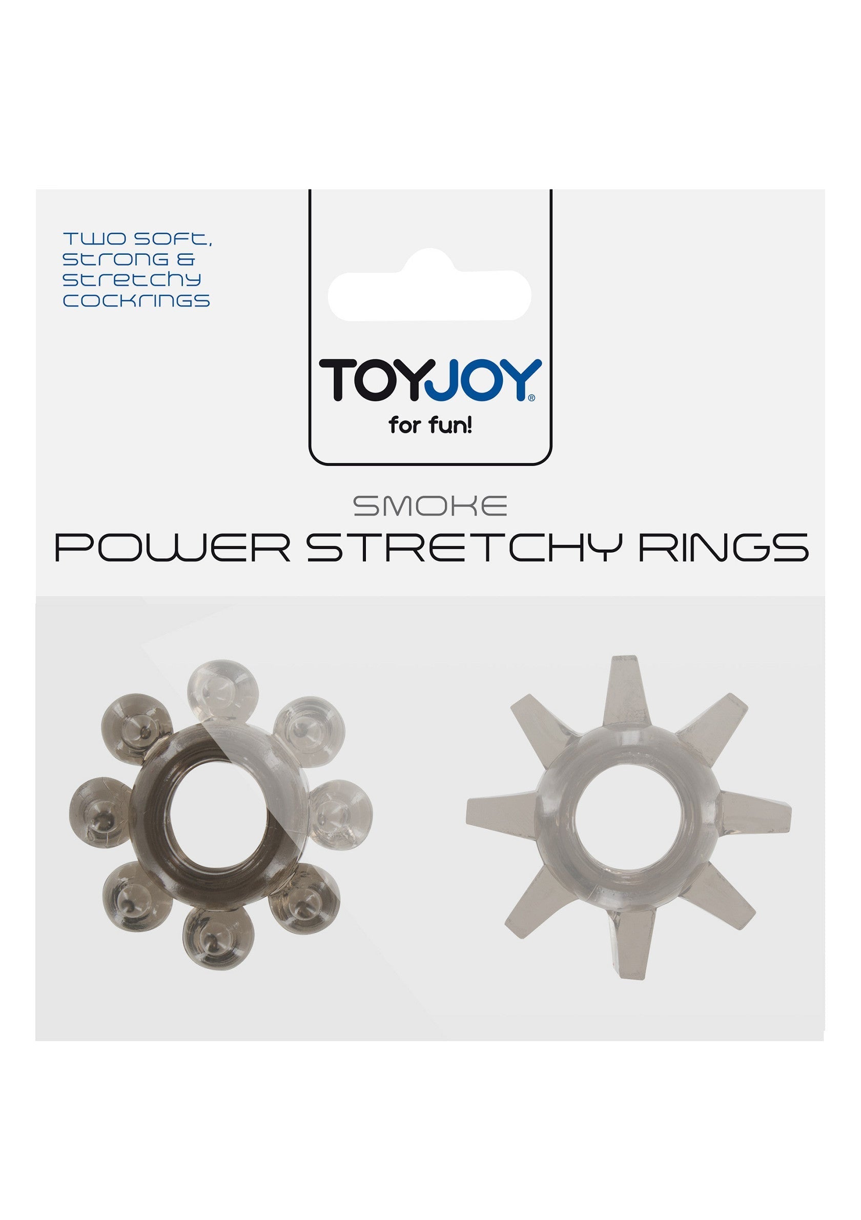 ToyJoy Smoke Power Anneaux Extensibles - Deux anneaux de pénis doux et extensibles pour le plaisir.; ToyJoy Smoke Power Stretchy Ringen - Twee zachte, rekbare penisringen voor plezier.; ToyJoy Smoke Power Stretchy Rings - Two soft, stretchy cockrings for fun.