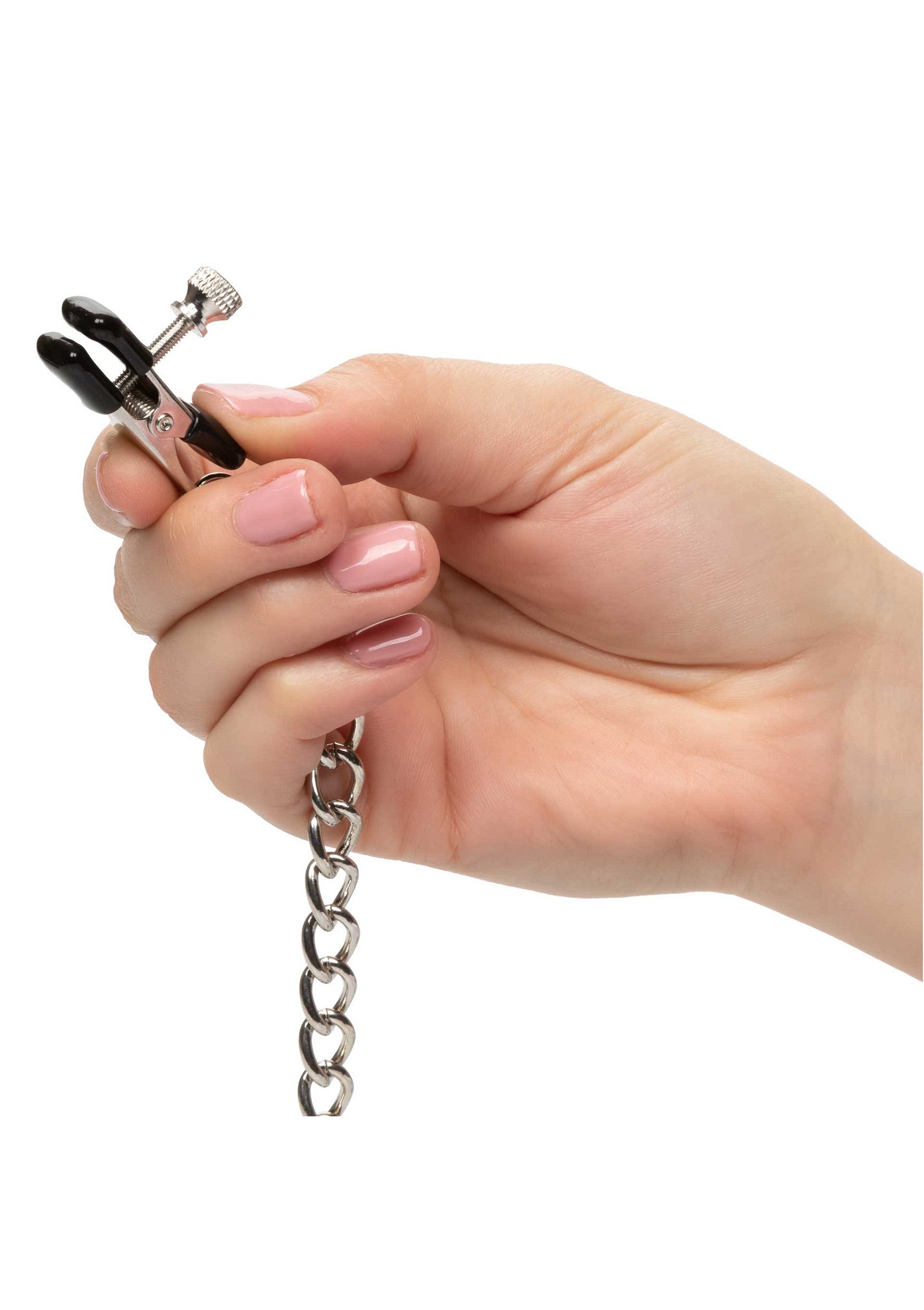 Pinces à tétons réglables avec chaîne, pour une stimulation intense et personnalisée. Explorez de nouvelles sensations !; Verstelbare tepelklemmen met ketting, voor intense en persoonlijke stimulatie. Ontdek nieuwe sensaties!; Adjustable nipple clamps with chain, for intense and personalized stimulation. Explore new sensations!