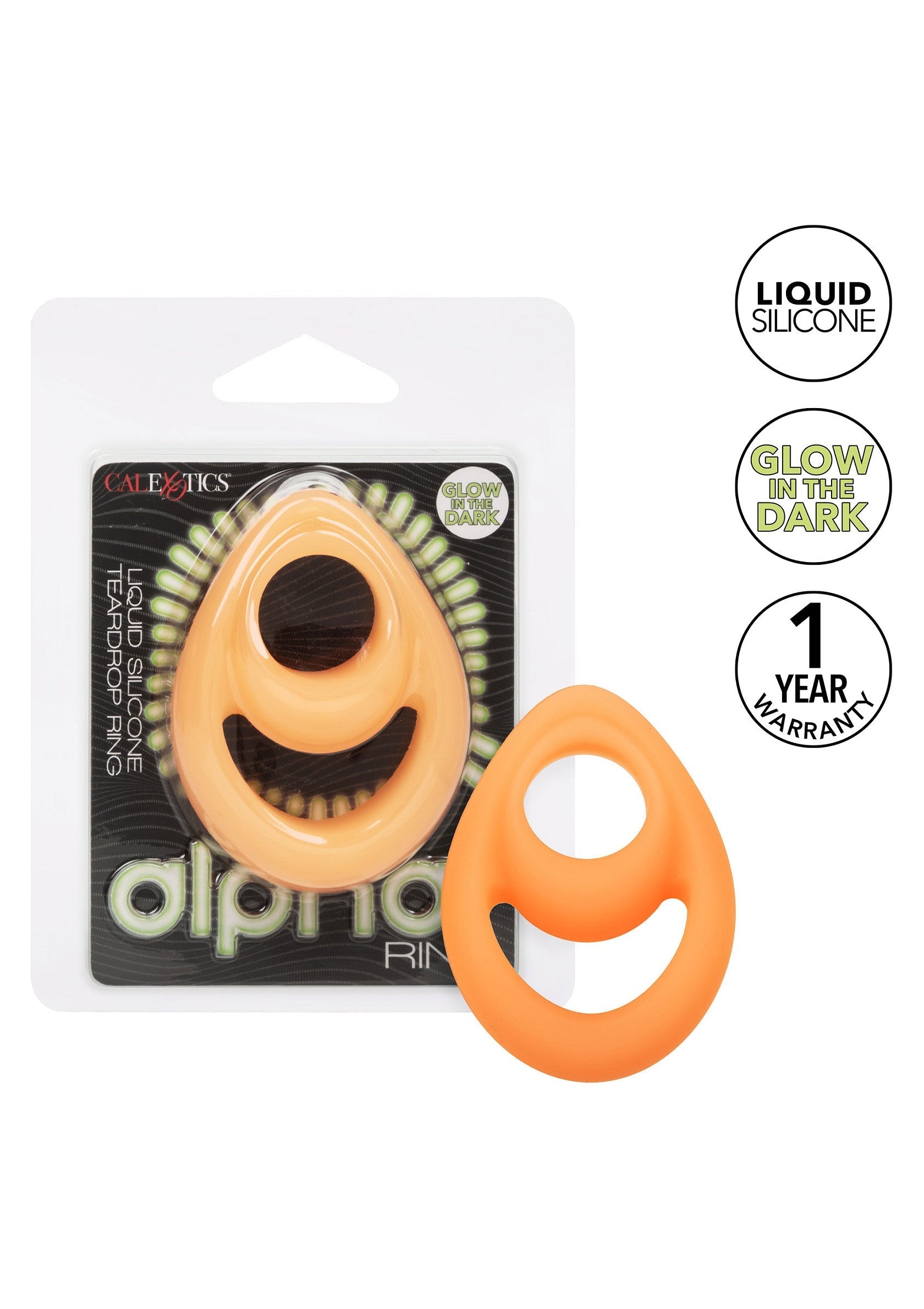 Anneau pénien CalExotics en silicone liquide, phosphorescent dans l'obscurité et garanti 1 an.; CalExotics penisring van vloeibare siliconen, glow in the dark en 1 jaar garantie.; CalExotics liquid silicone cock ring, glows in the dark, with a 1 year warranty.
