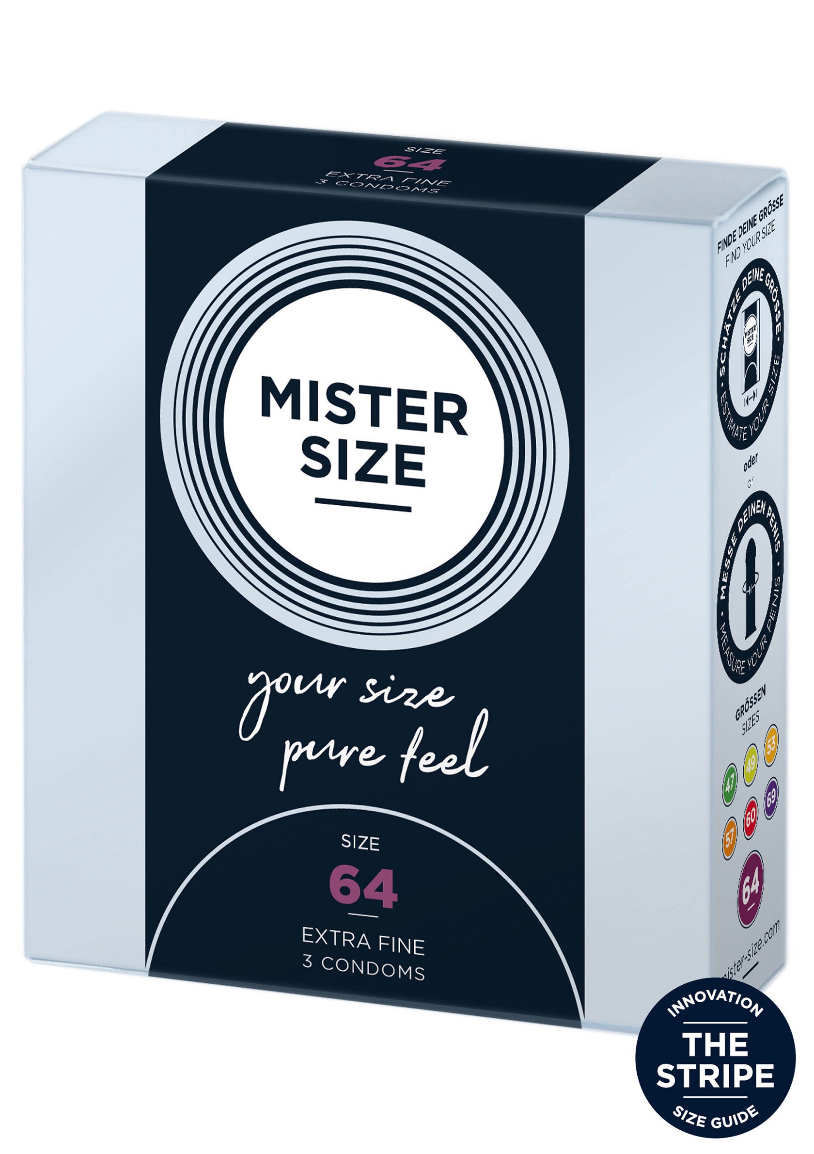 Préservatifs Mister Size 64 extra fins, pour un confort et une protection optimale. Paquet de 3.; Mister Size 64 extra fijne condooms, voor optimaal comfort en bescherming. Pak van 3 stuks.; Mister Size 64 extra fine condoms for optimal comfort and protection. Pack of 3.