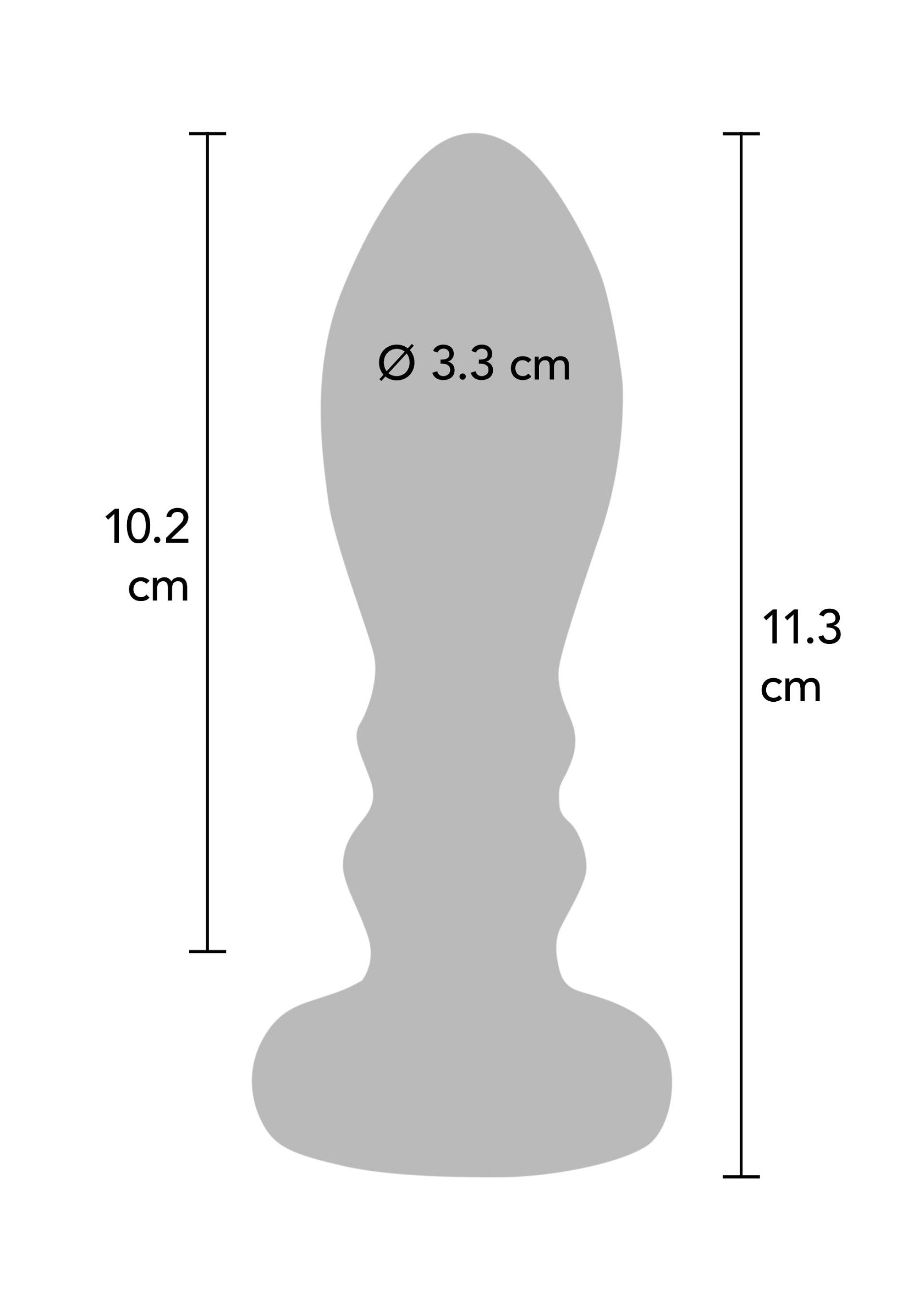 Schéma avec les dimensions d'un plug anal. Diamètre : 3.3 cm, hauteur 10.2/11.3 cm.; Diagram met afmetingen van een anale plug. Diameter: 3.3 cm, hoogte 10.2/11.3 cm.; Diagram with dimensions of an anal plug. Diameter: 3.3 cm, height 10.2/11.3 cm.