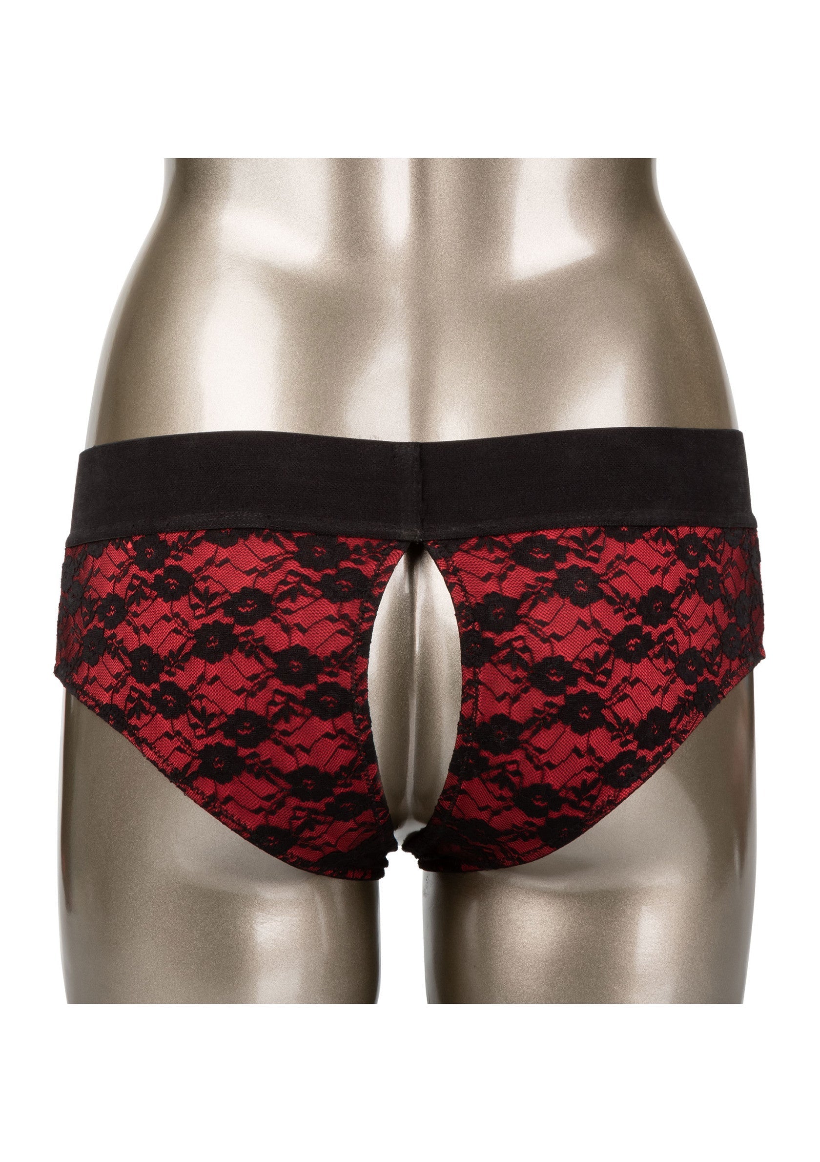 Culotte ouverte en dentelle rouge et noire pour une lingerie coquine et sensuelle.; Rode kanten open kruis slip voor ondeugende en sensuele lingerie.; Red lace open crotch panties for naughty and sensual lingerie.