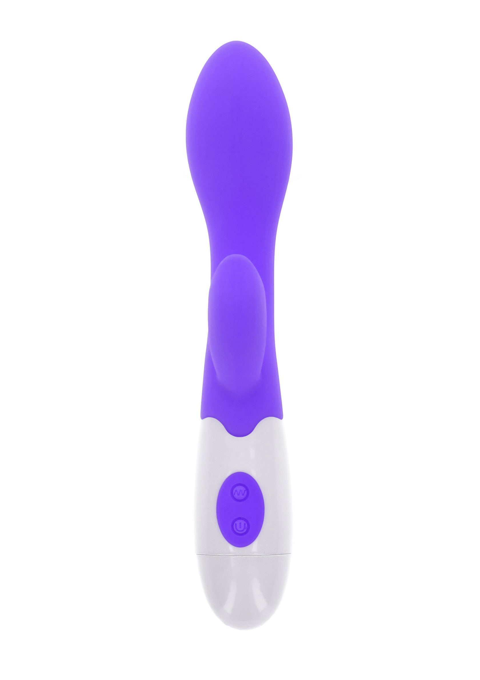 Vibromasseur violet et blanc pour le plaisir solitaire.; Paarse en witte vibrator voor solo plezier.; Purple and white vibrator for solo pleasure.