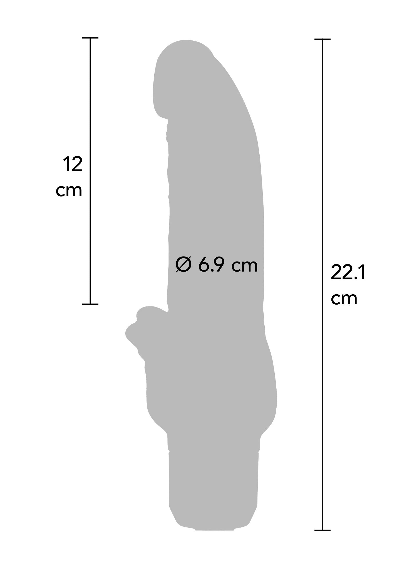 Diagramme des dimensions d'un sextoy : longueur totale 22,1 cm, insertion 12 cm et diamètre de 6,9 cm.; Diagram van de afmetingen van een seksspeeltje: totale lengte 22,1 cm, inbrenglengte 12 cm en diameter van 6,9 cm.; Sex toy dimensions diagram: 22.1 cm total length, 12 cm insertable length, and a diameter of 6.9 cm.