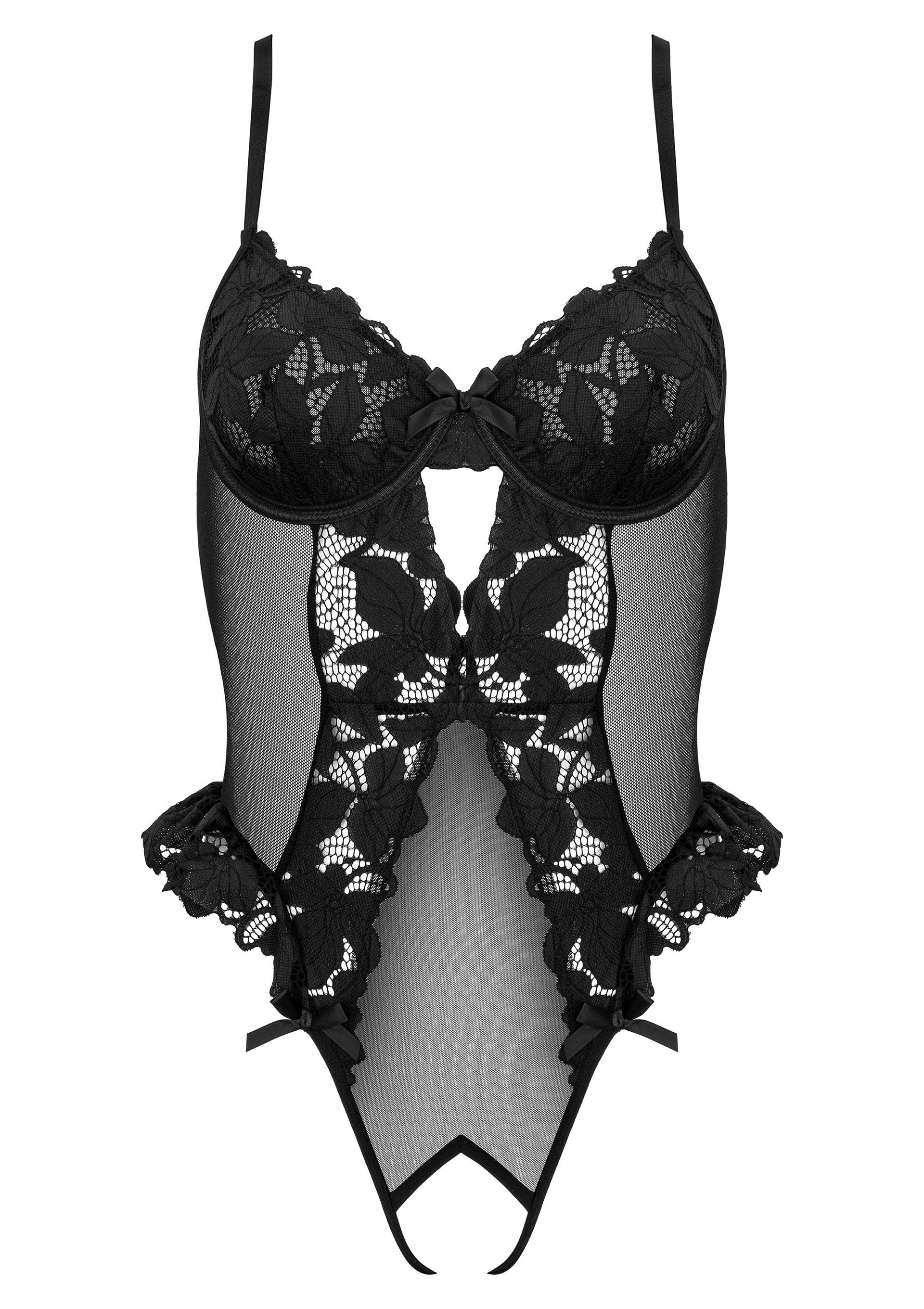 Body noir en dentelle et résille, lingerie féminine élégante et sensuelle.; Zwarte kanten body met mesh, elegante en sensuele dameslingerie.; Black lace & mesh bodysuit, elegant & sensual women's lingerie.