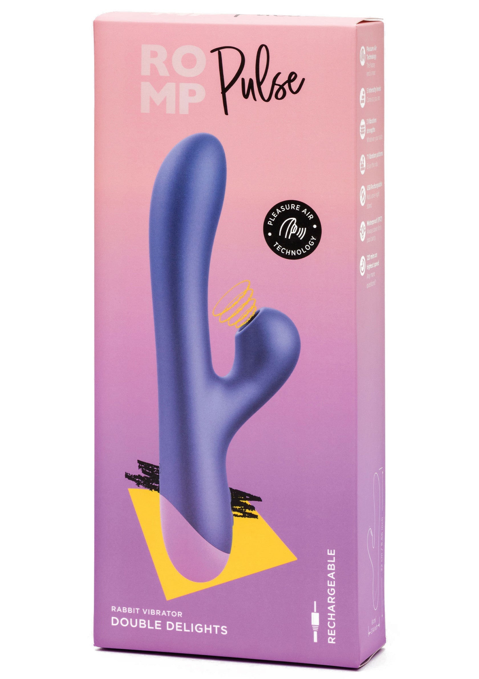 Romp Pulse Double Delights, vibromasseur rechargeable pour femme.; Romp Pulse Double Delights, oplaadbare vibrator voor vrouwen.; Romp Pulse Double Delights, rechargeable vibrator for women.