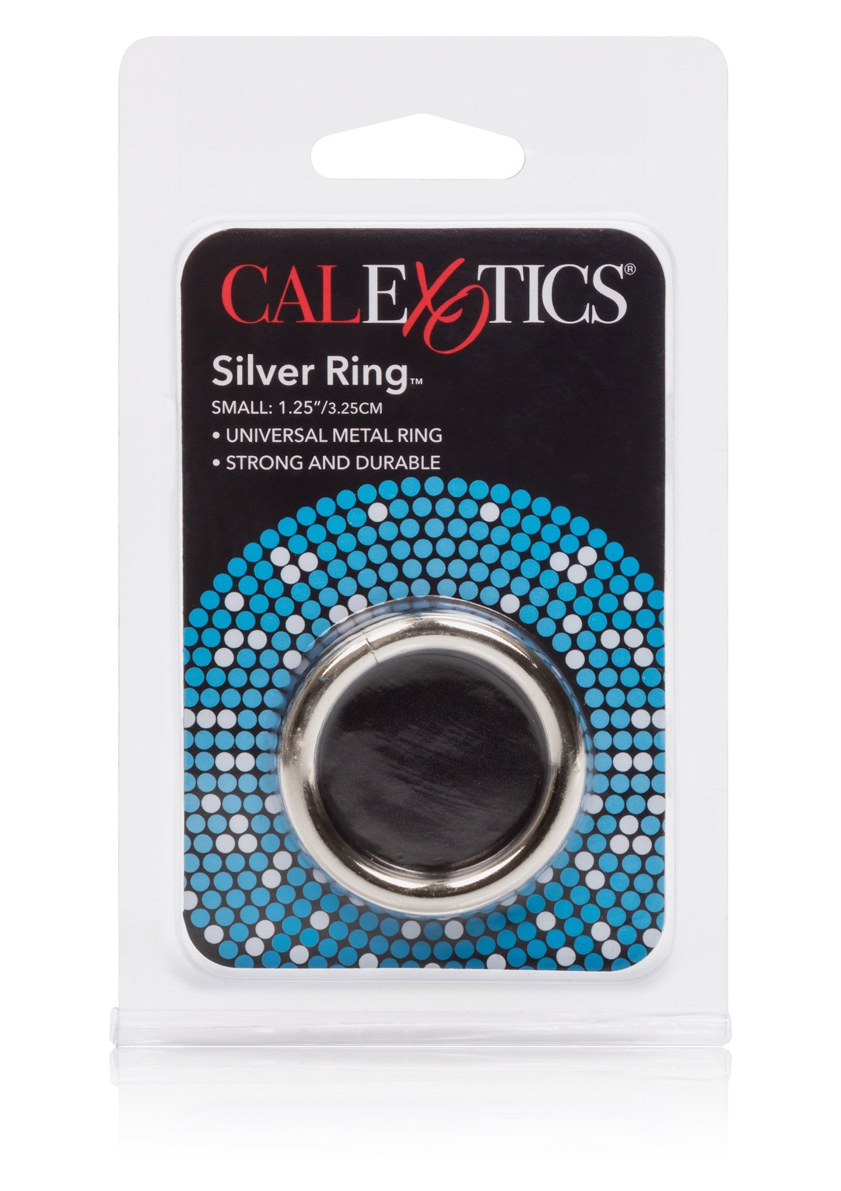 Anneau de pénis CalExotics argenté, petit, en métal universel solide et durable.; CalExotics Silver Ring penisring, klein, van universeel metaal, sterk en duurzaam.; CalExotics silver ring, small size, universal metal ring, strong and durable.