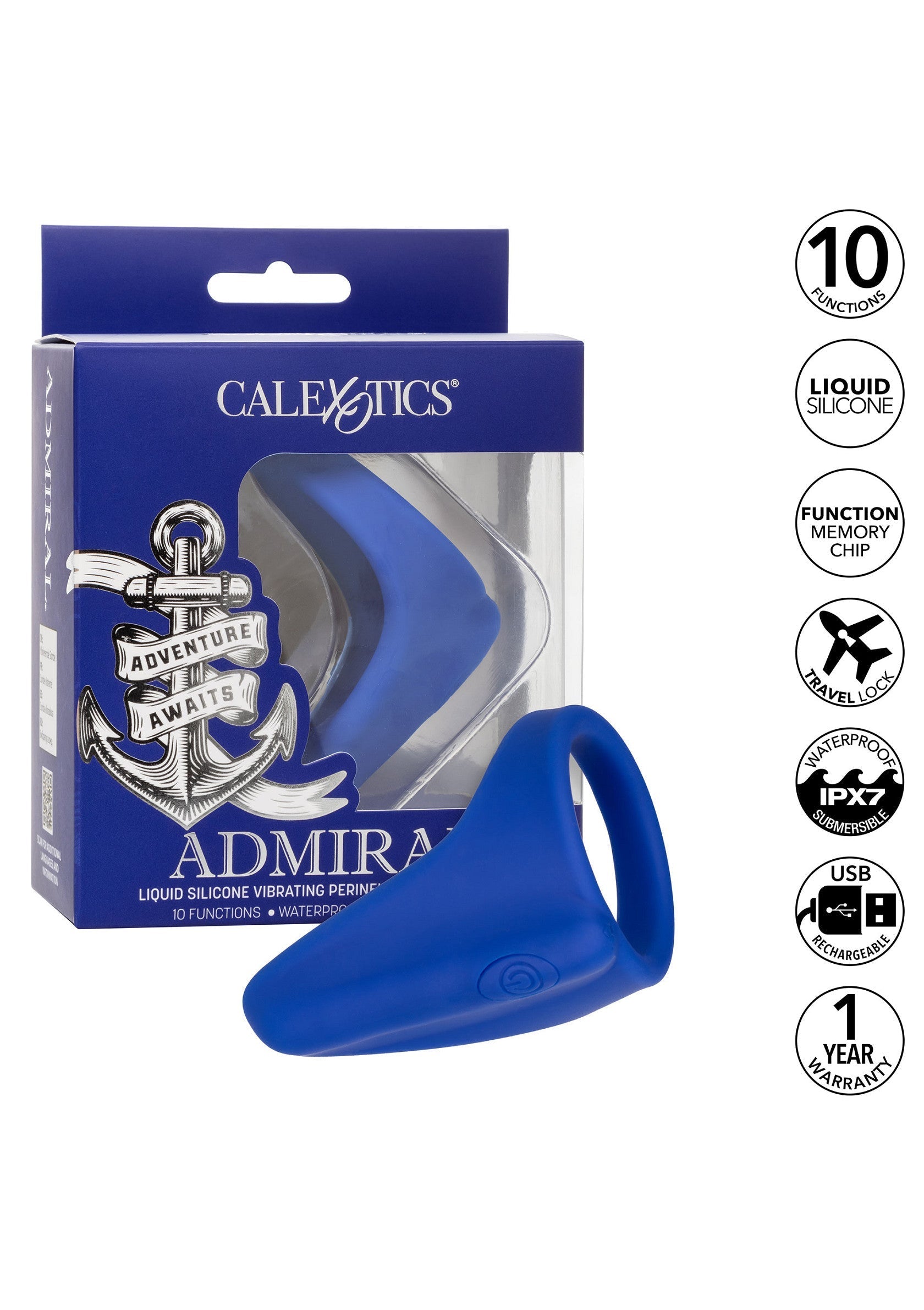 Anneau vibrant pénien Calexotics Admiral en silicone liquide bleu avec 10 fonctions et garantie d'un an.; Calexotics Admiral vibrerende penisring, blauw, vloeibare siliconen, 10 functies & 1 jaar garantie.; Blue liquid silicone Calexotics Admiral vibrating penis ring with 10 functions and 1 year warranty.