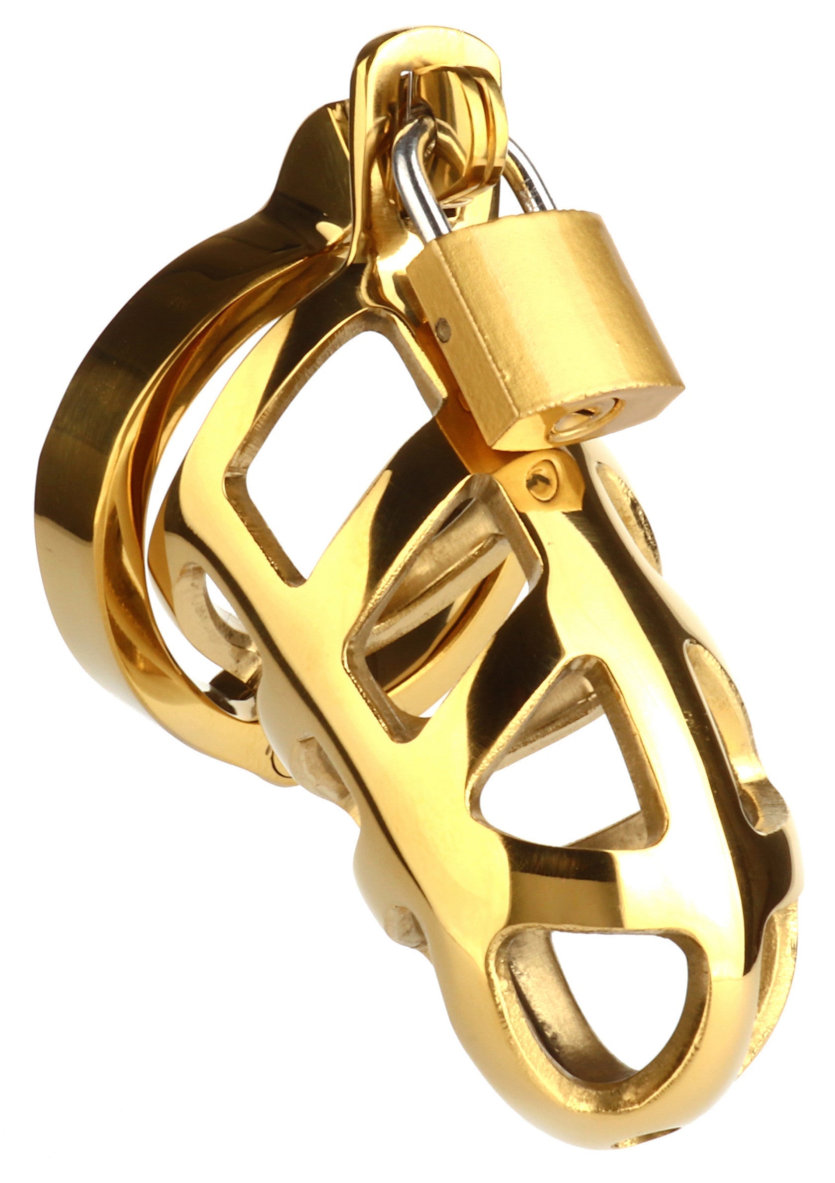 Cage de chasteté dorée avec cadenas, pour un contrôle et une soumission ultimes.; Gouden kuisheidskooi met hangslot voor ultieme controle en onderwerping.; Gold chastity cage with padlock for ultimate control and submission.