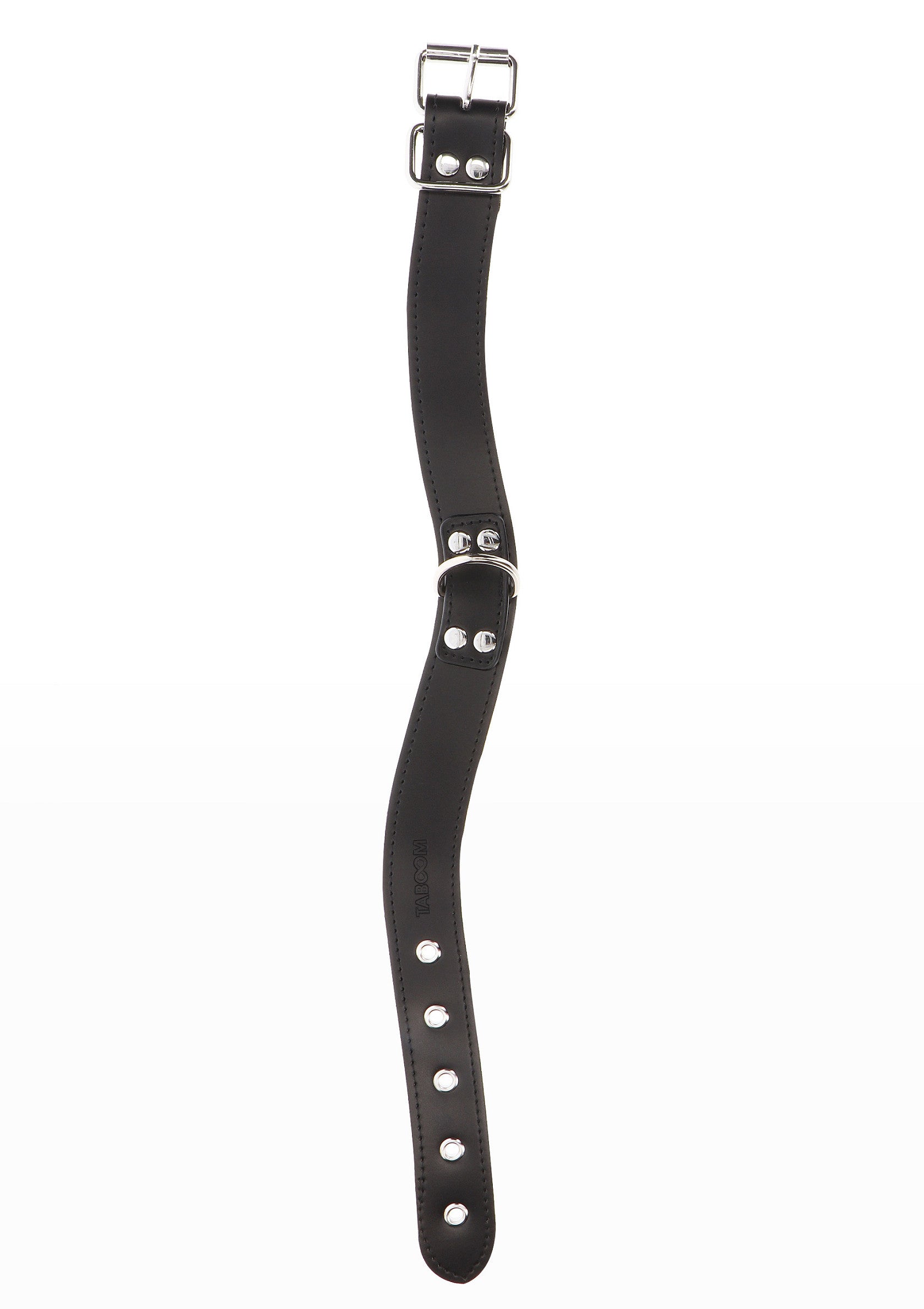 Collier en cuir noir avec boucle en métal argenté. Accessoire de mode élégant et ajustable.; Zwarte leren halsband met zilverkleurige metalen gesp. Stijlvol en verstelbaar mode-accessoire.; Black leather collar with silver-tone metal buckle. Stylish and adjustable fashion accessory.