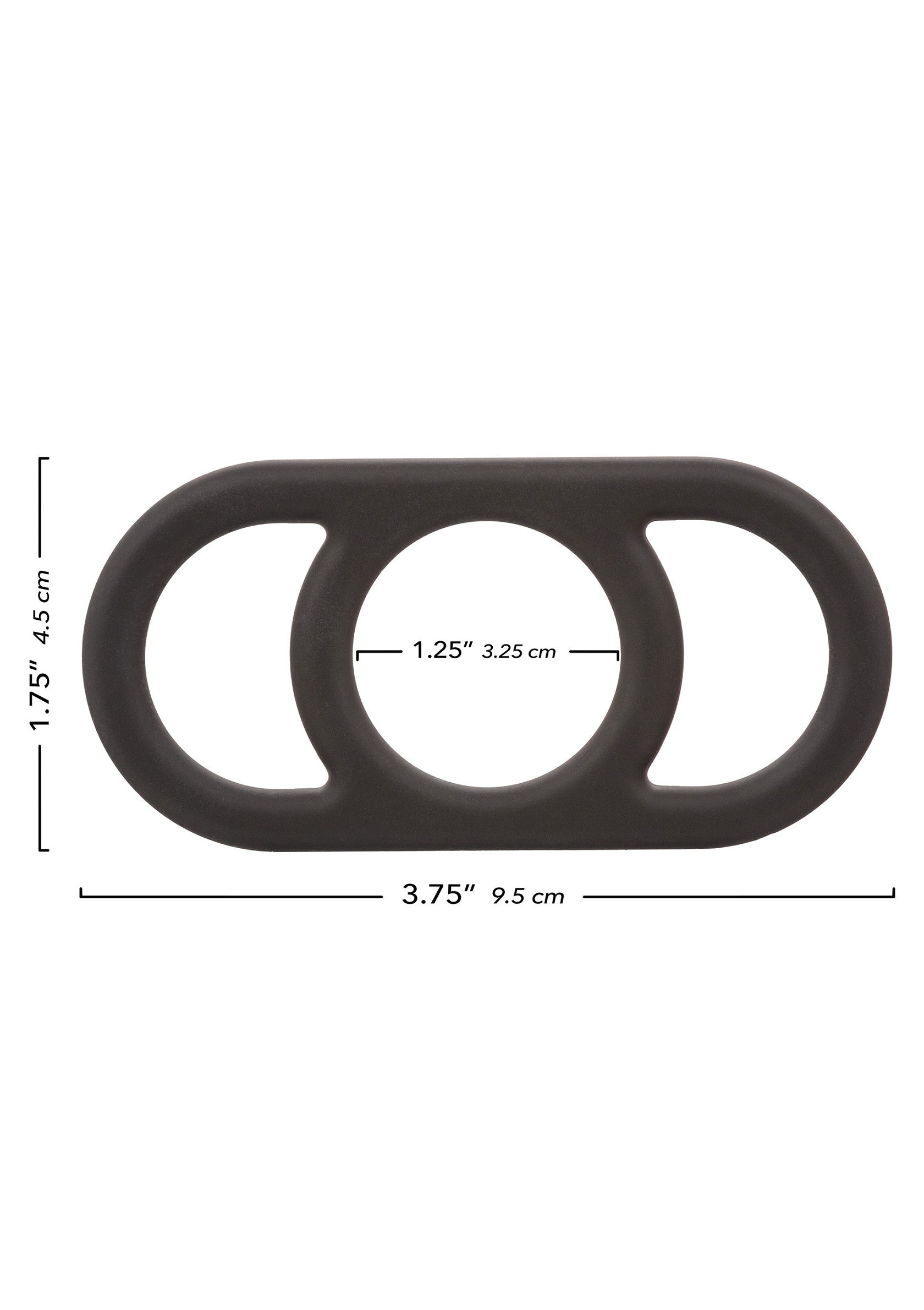 Anneau érectile triple en silicone noir. Améliore la performance et le plaisir. Dimensions: 9.5 cm x 4.5 cm.; Zwarte siliconen triple penisring. Verbetert prestaties en plezier. Afmetingen: 9.5 cm x 4.5 cm.; Black silicone triple cock ring. Enhances performance and pleasure. Dimensions: 3.75" x 1.75" (9.5 cm x 4.5 cm).