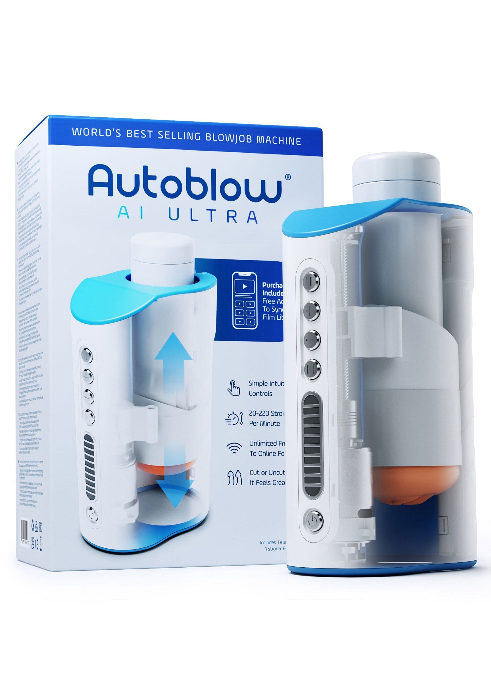 Autoblow AI Ultra : la machine à gâter la plus vendue au monde. Contrôles simples et sensations personnalisables.; Autoblow AI Ultra: 's werelds best verkopende pijpmachine. Eenvoudige bediening en aanpasbare sensaties.; Autoblow AI Ultra: World's best selling blowjob machine. Simple controls & customizable sensations.