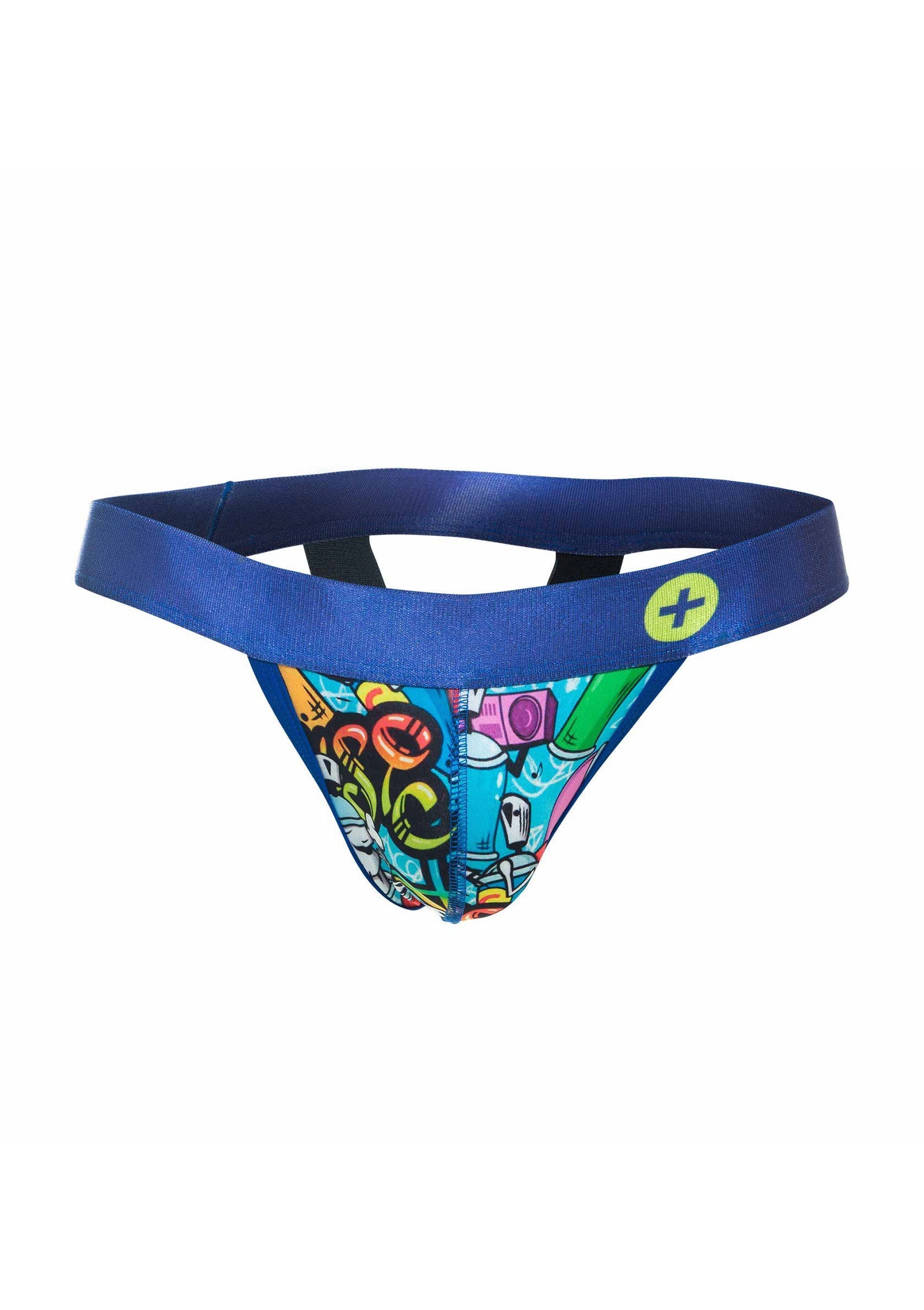 Suspensor coloré avec ceinture bleue. Sous-vêtement masculin confortable et élégant avec imprimé amusant.; Kleurrijke jockstrap met blauwe band. Comfortabel en stijlvol herenondergoed met leuke print.; Colorful jockstrap with blue waistband. Comfortable and stylish men's underwear with a fun print.