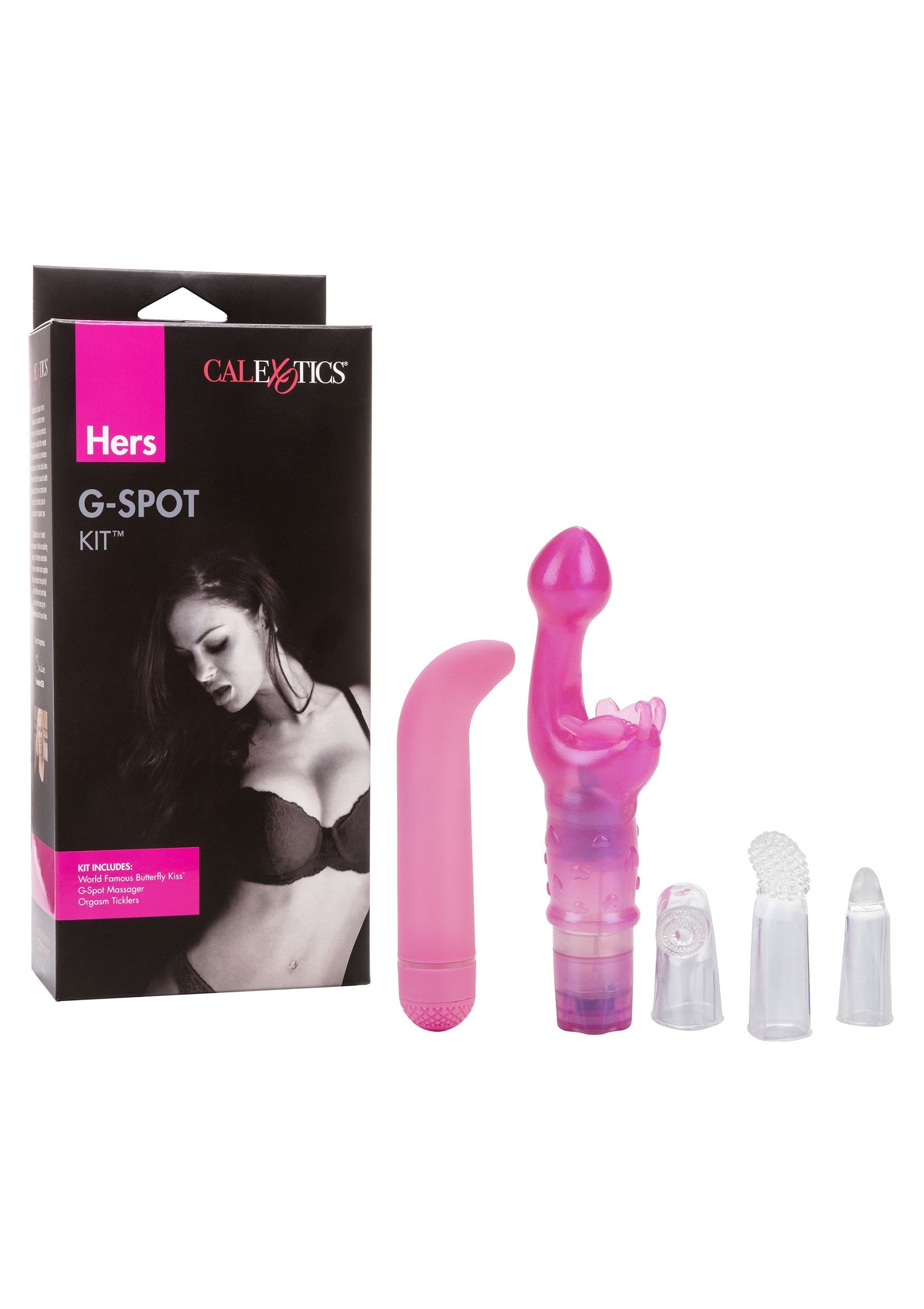 Kit CalExotics Hers G-Spot pour femme. Deux vibromasseurs roses et accessoires pour plaisir féminin.; CalExotics Hers G-Spot Kit voor vrouwen. Twee roze vibrators en accessoires voor vrouwelijk genot.; CalExotics Hers G-Spot Kit for women. Two pink vibrators and attachments for female pleasure.