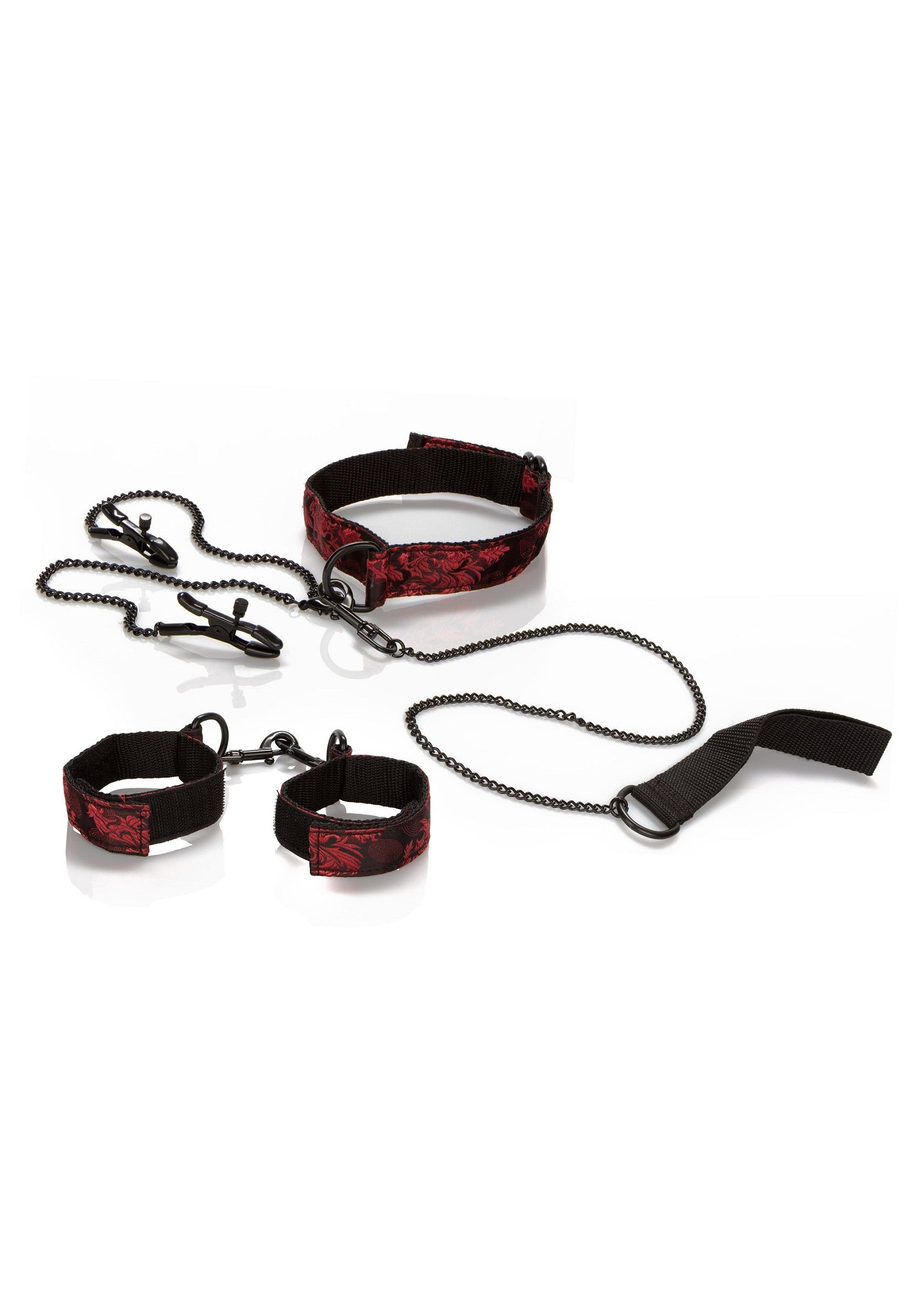 Ensemble de servitude érotique en velours rouge et noir avec menottes, collier, pinces à linge et laisse.; Erotische bondage set in rood en zwart fluweel met handboeien, halsband, wasknijpers en riem.; Erotic restraint set in red and black velvet with cuffs, collar, nipple clamps and lead.