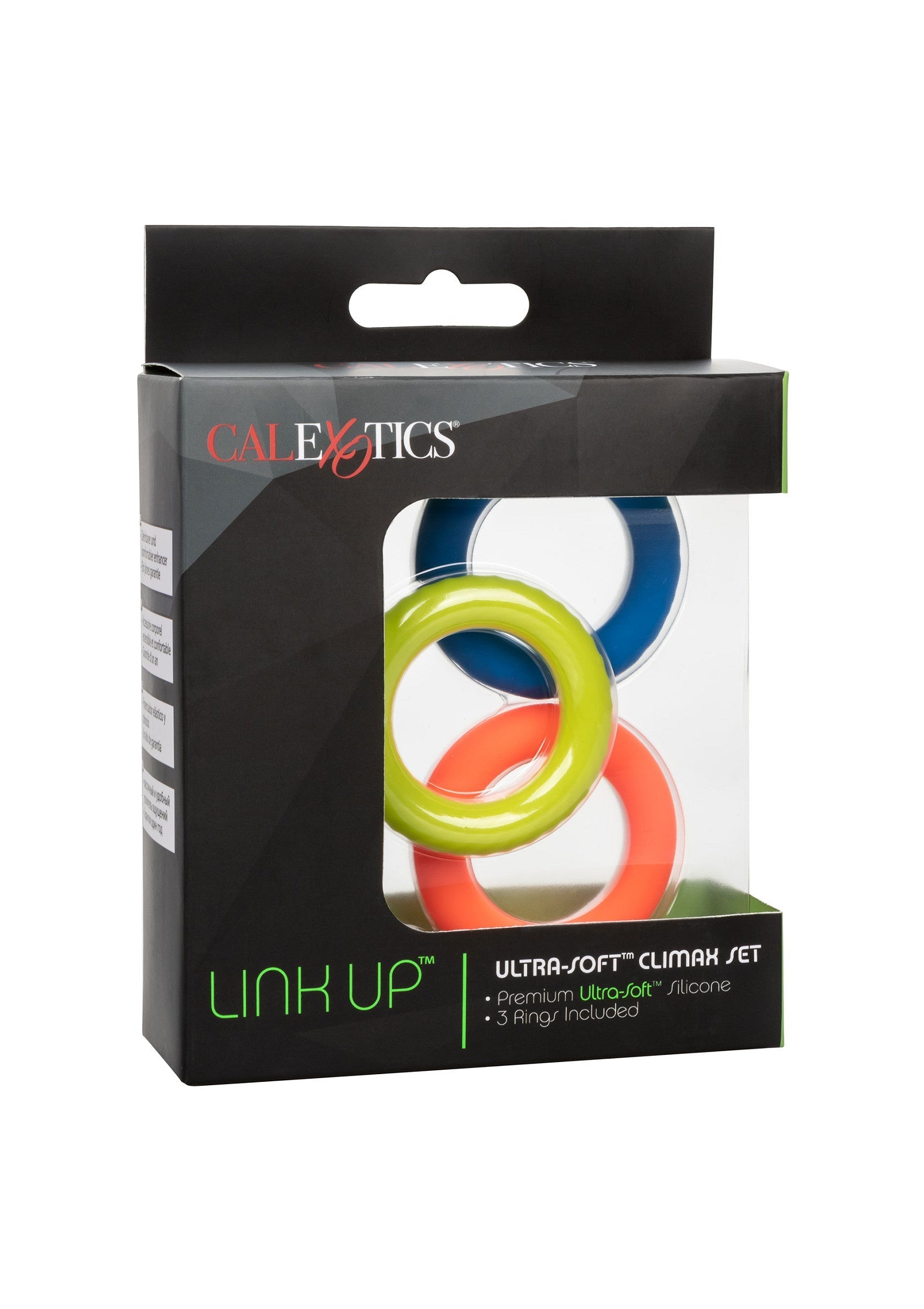 CalExotics Link Up anneaux péniens ultra-doux. Ensemble de 3 anneaux en silicone. Pour le plaisir et la performance!; CalExotics Link Up ultra-zachte penisringen. Set van 3 siliconen ringen. Voor plezier en prestaties!; CalExotics Link Up ultra-soft cock rings. 3 ring set. Premium silicone, for pleasure and performance.