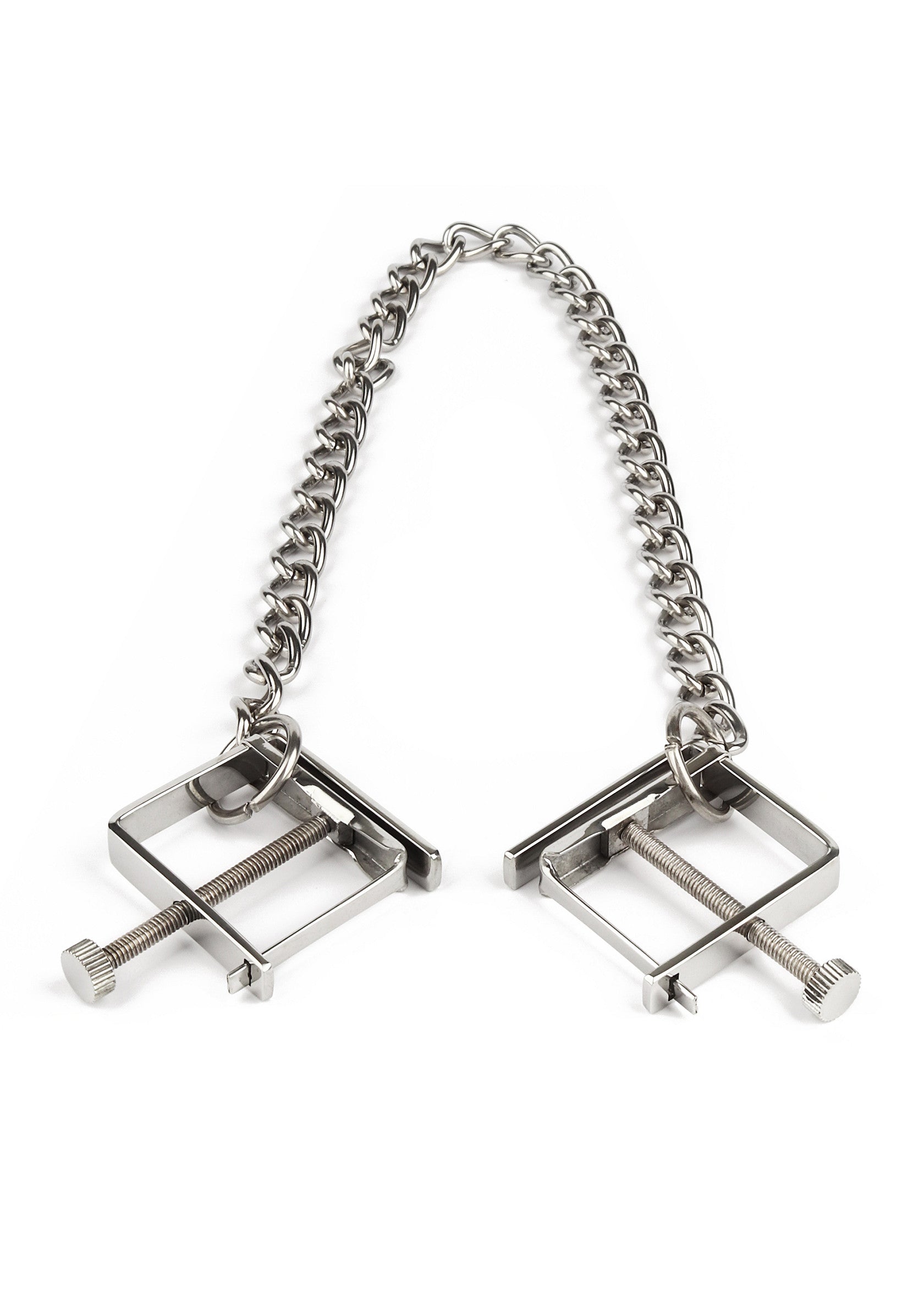 Pinces à tétons avec chaîne en métal pour le plaisir et l'excitation.; Tepelklemmen met metalen ketting voor plezier en opwinding.; Nipple clamps with metal chain for pleasure and arousal.
