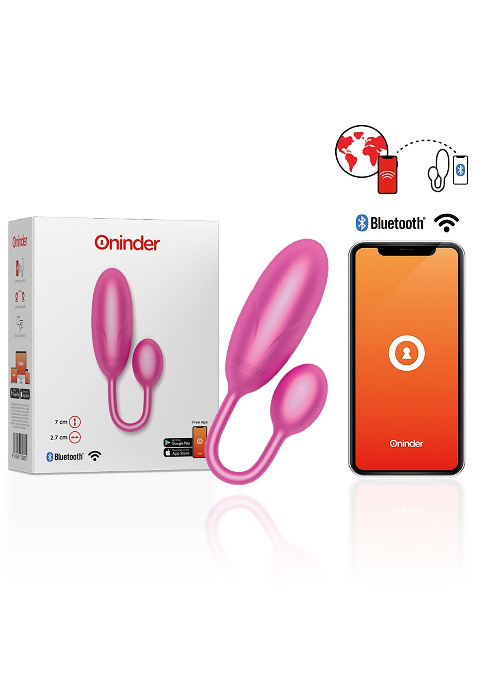 Vibromasseur rose connecté via Bluetooth avec application mobile pour un contrôle à distance.; Roze vibrator met Bluetooth-verbinding en mobiele app voor bediening op afstand.; Pink vibrator that connects with Bluetooth and mobile app for remote control.